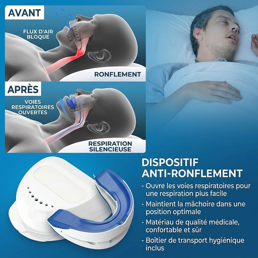 Silence dès la 1ère Nuit Dispositif anti-ronflement pour Hommes et Femmes dents améliore la respiration pendant,Compact et léger, il peut être transporté avec vous. protège-dents sportif, correcteur d