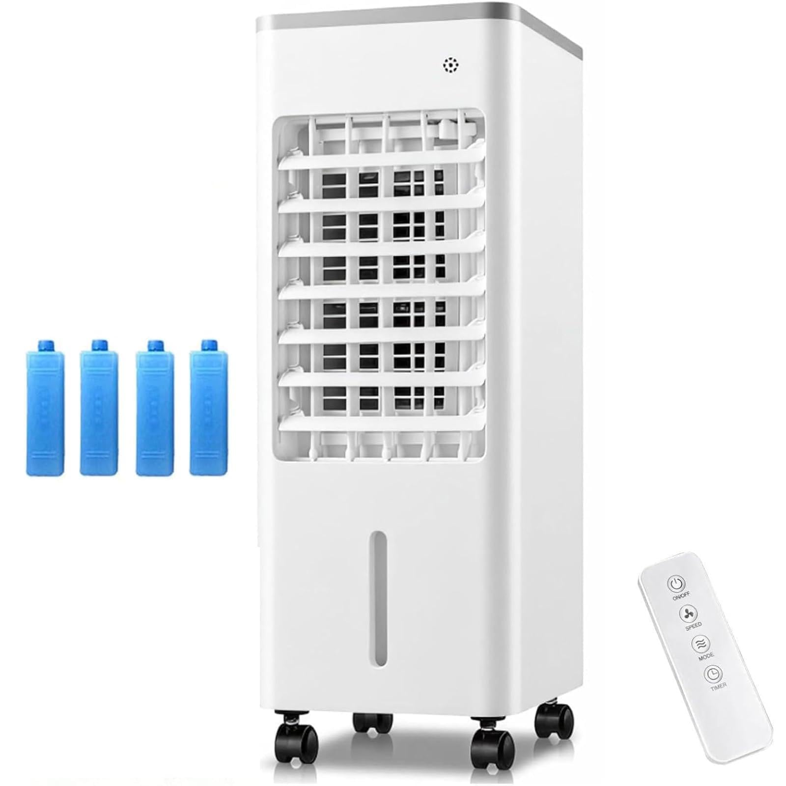 Climatizador Portátil Evaporativo,Oscilación 90°,3 Velocidades y Modo Sueño | Enfriador de Aire con Cristales de Hielo 75W Bajo Consumo, Depósito 4,1-6L,con Mando a Distancia y Ruedas para ，Blanco