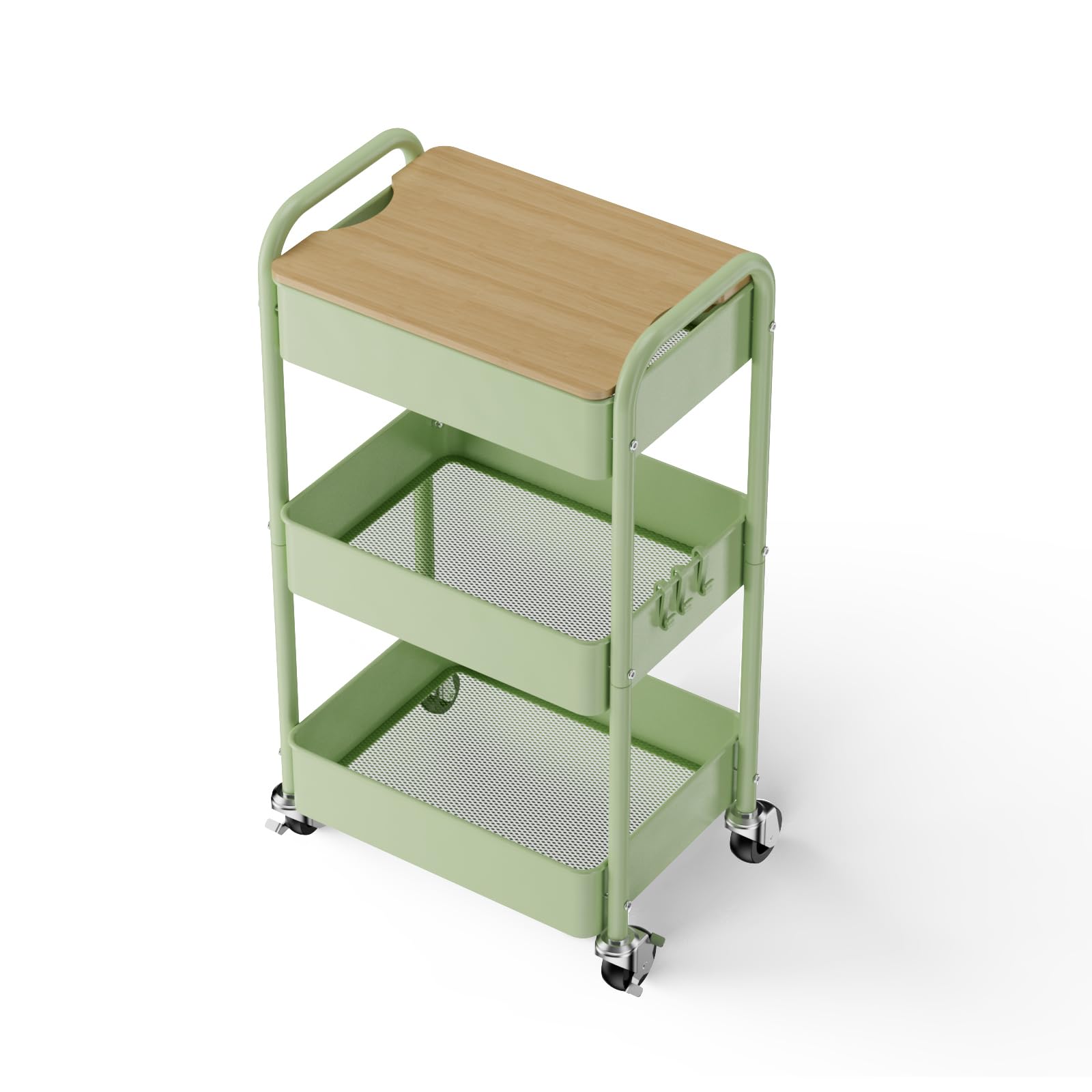 Chariot à 3 Niveaux avec Plateau de Table, Service Polyvalent en Métal, Étagère sur Roues, Organiseur de Cuisine Stable (Vert)