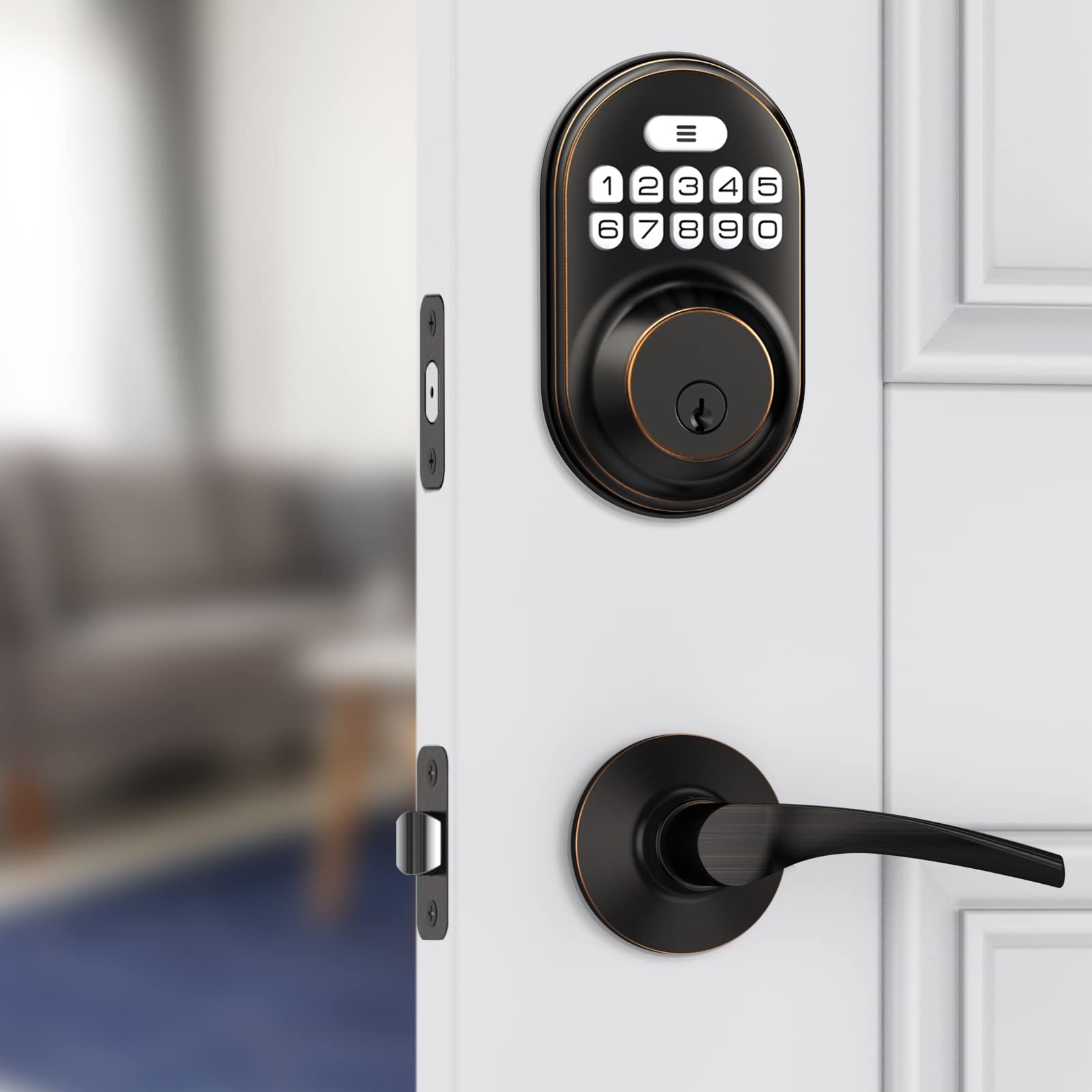 Veise Keyless Entry Door Lock with 2 Lever Handles - Electronic Keypad Deadbolt, Auto Lock, Back Lit & Easy Installation Design, Front Door Handle Sets, Oil Rubbed Bronze