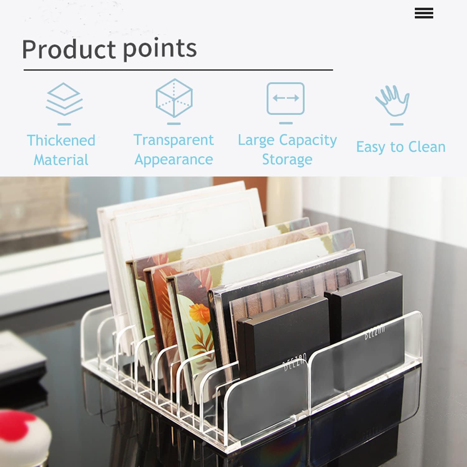 WECHENG 2 Pack Makeup Palette Organizer: 7-Section Clear Acrylic Eyeshadow Palette Holder for Vanity Drawer Countertop - Open Ended Instead for All Palettes & Blushes