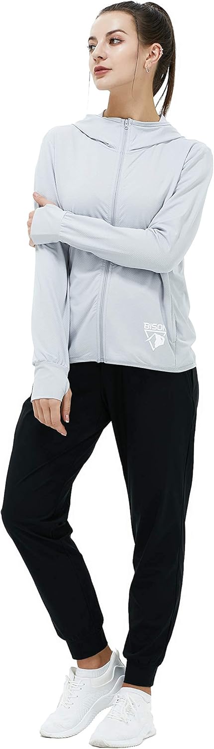 BISON Women/ Men's UPF 50 Sunblock Long Sleeve Hooded Jacket Full Zip for Outdoor Hiking Cycling Fishing: Clothing