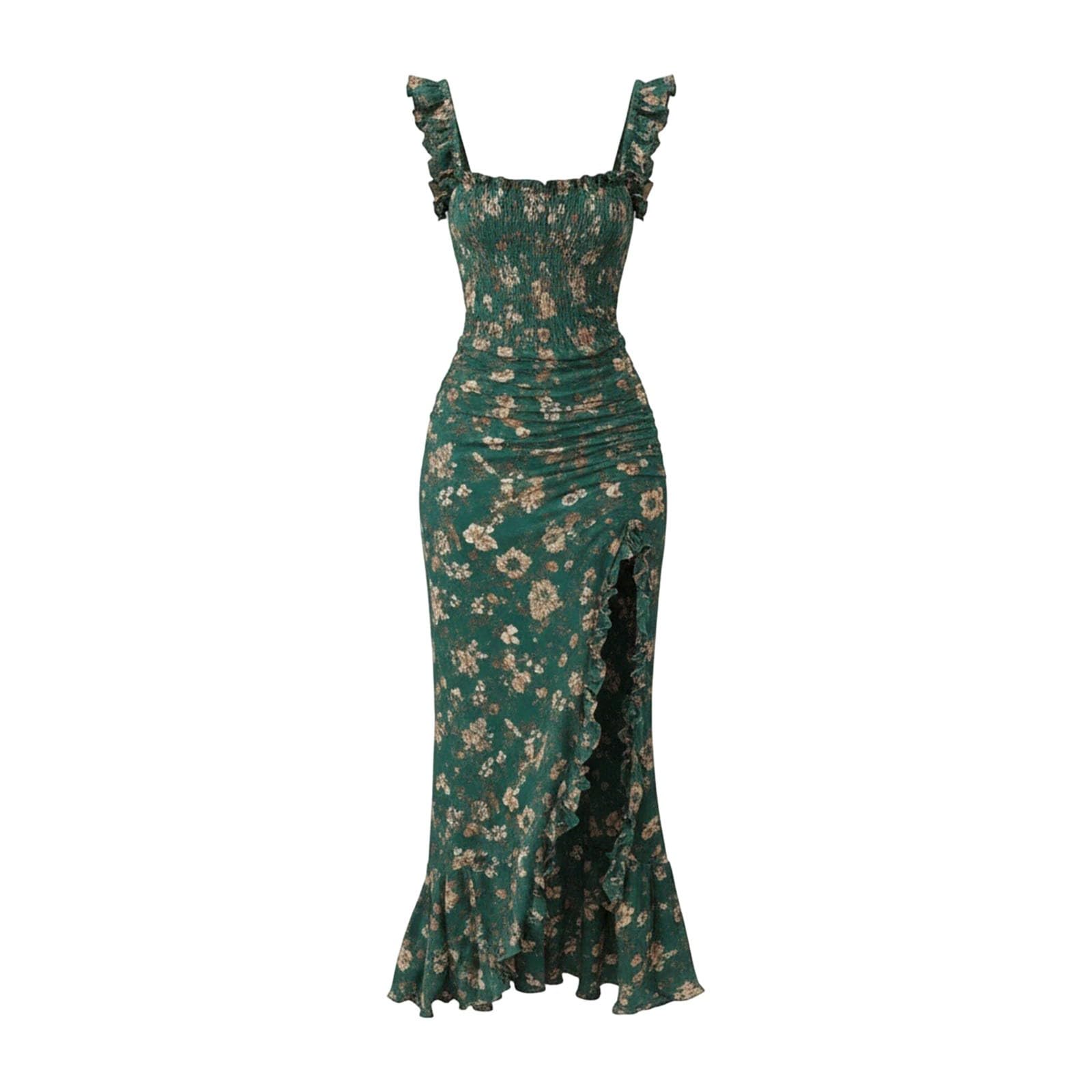 Robe d'été pour femme - Robe longue à volants - Col carré - Robe d'invité de mariage avec fente haute - Style bohème - Bretelles serrées - Robe florale élégante - Robe enveloppante aérée pour la plage