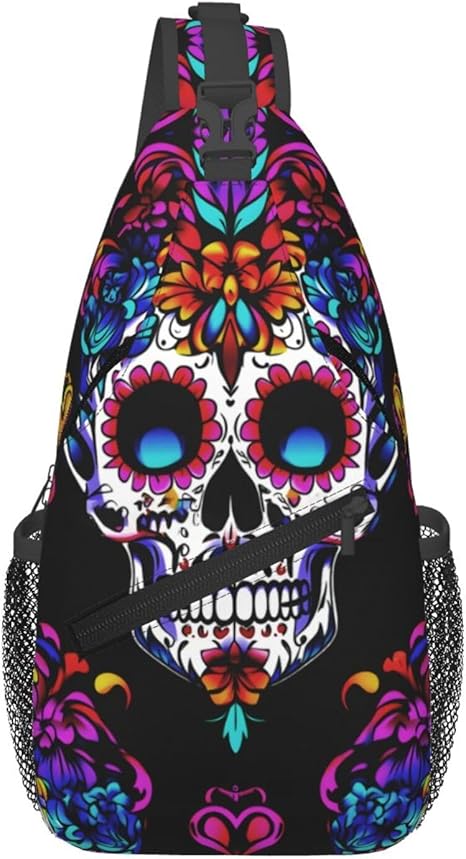 (Ship from USA) Sugar Skulls Sling Bag Crossbody Backpack Casual Shoulder Backpack Lightweight Chest Bag With Adjustable Strap For Travel