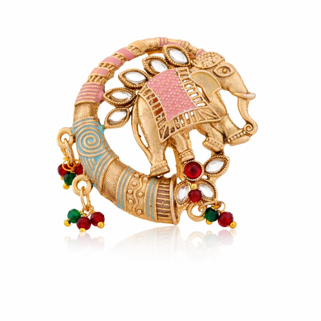 Traditional Gold Plated Saree Brooch with Elephant Motif and Colorful Beads-image-25