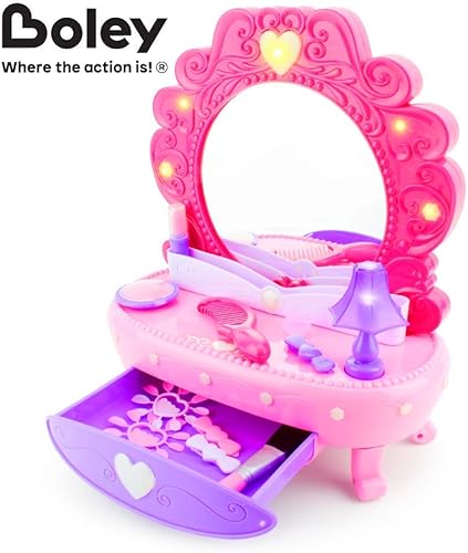 Miniatura 2 de Boley Fashion Vanity Mirror - 38 Piece Play Set with Pretend Makeup for Little Girls, Table with Light-Up Musical Mirror, Fake Cosmetics Kit, Hair