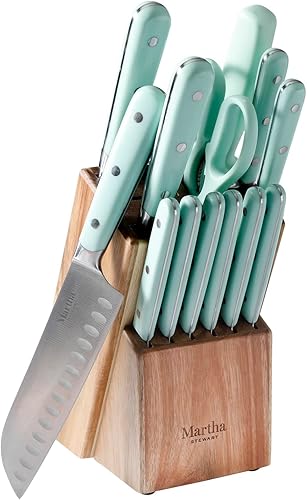 Martha Stewart Juego de 14 cuchillos de acero inoxidable de alto carbono con ABS triple remachado mango forjado bloque de madera de fresno - Martha
