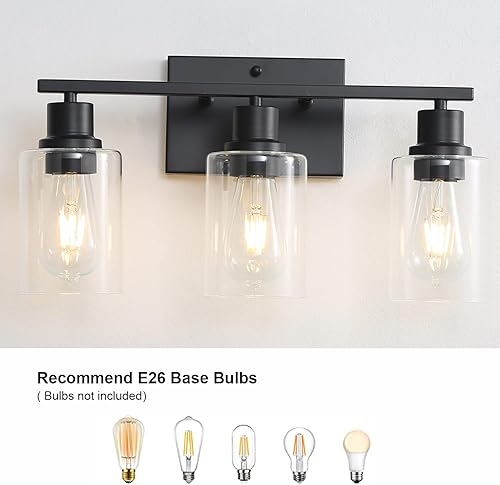 Miniatura 3 de Lámparas de tocador de baño, 3 luces de baño negro mate, apliques de pared con pantalla de vidrio transparente para pasillo, granja, dormitorio,