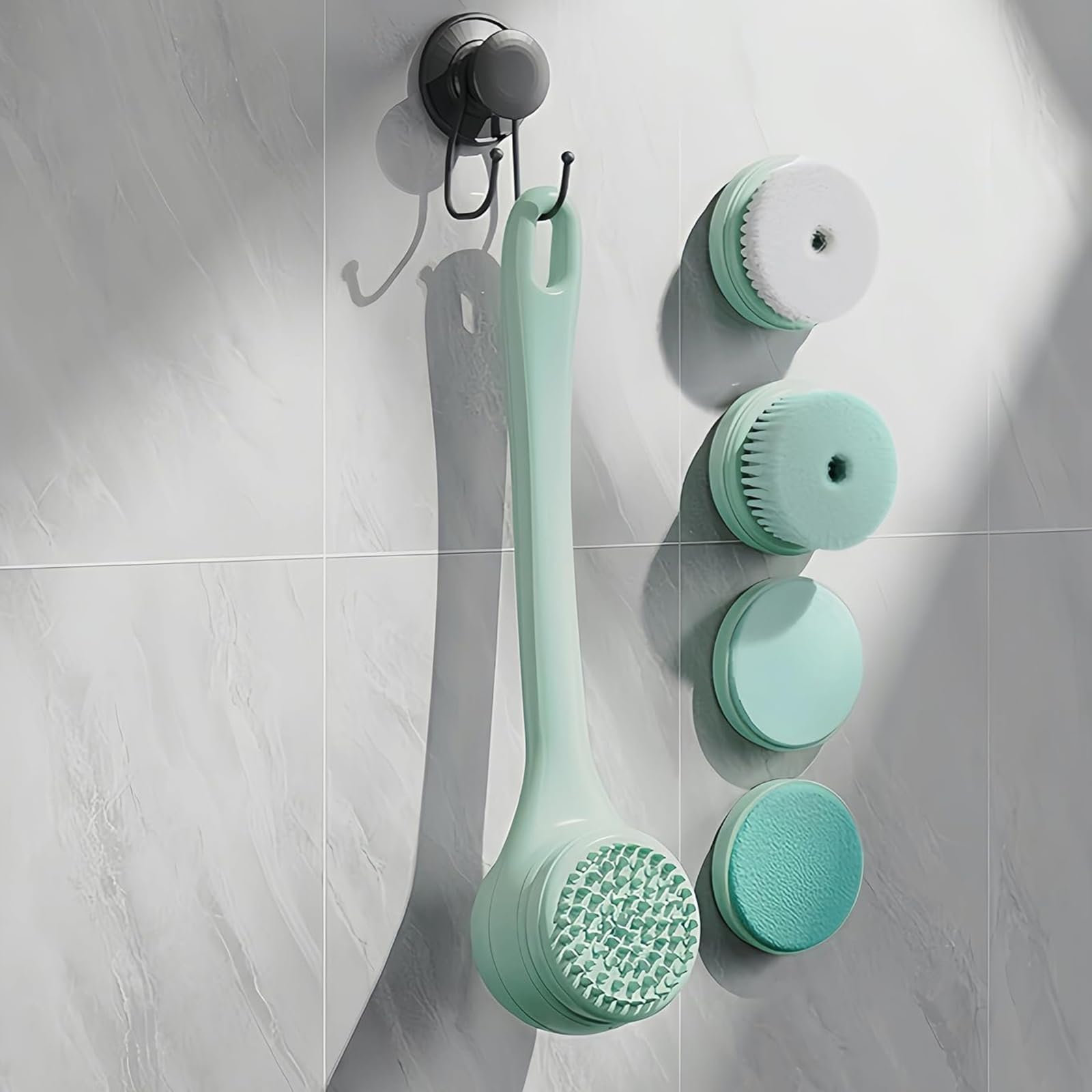 Spazzola da Bagno elettrica a Doppio Manico, Spazzola per Doccia Corpo Ricaricabile con 5 testine, 2 velocità e Impermeabile IPX7, per la Doccia, Massaggio esfoliante a Rotazione Automatica