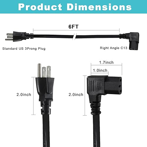Miniatura 2 de Cable de alimentación para monitor de computadora de 90 grados NEMA 5-15P a ángulo recto C13, 13A 125V, 16AWG, cable de alimentación de CA de 3