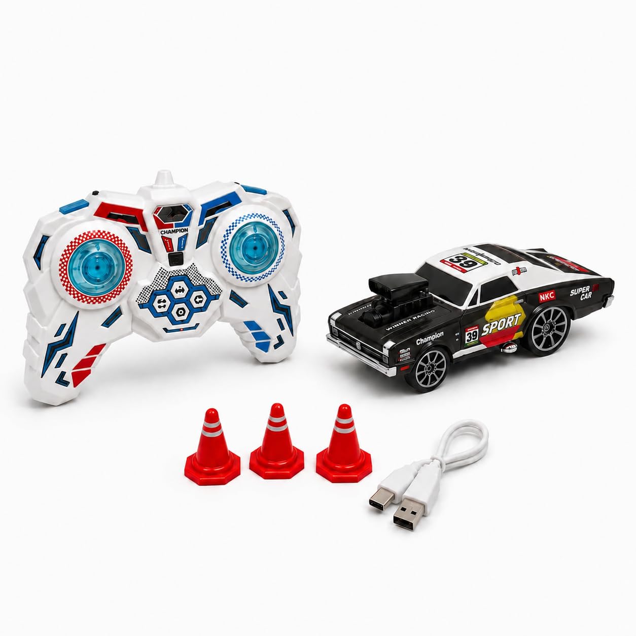brand conquer 2.4ghz rc drift car for kids – premium die-cast racing car with led lights, sound effects, 3-speed control, one-click drift & auto presentation mode | usb rechargeable (black)