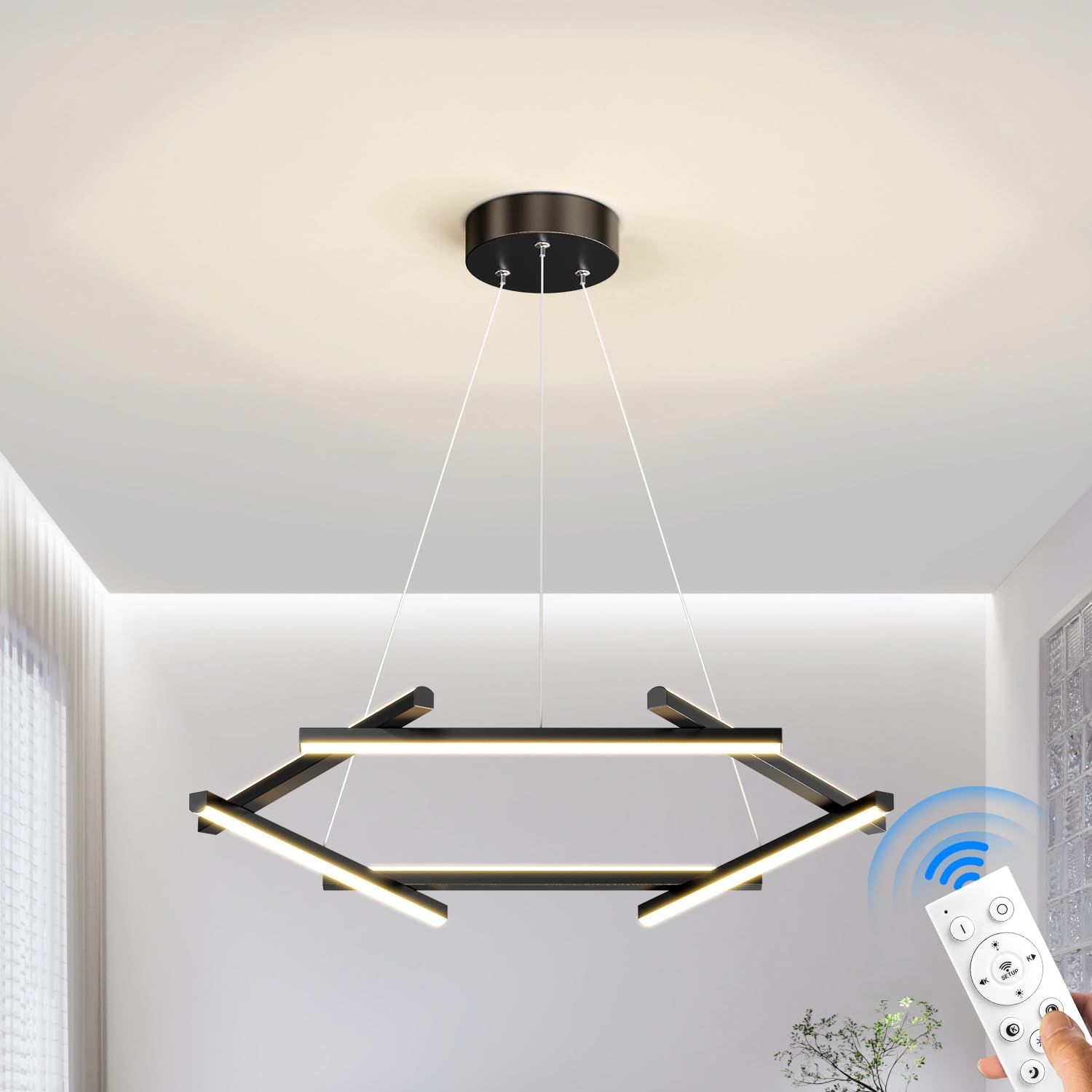 JFHTNFJ 6 Lights Modern LED Chandelier, 25.7in Dimmable Pendant Light with Remote Control, LED Chandelier Lighting Fixture for Kitchen Island Dinning Room Living Room, Black