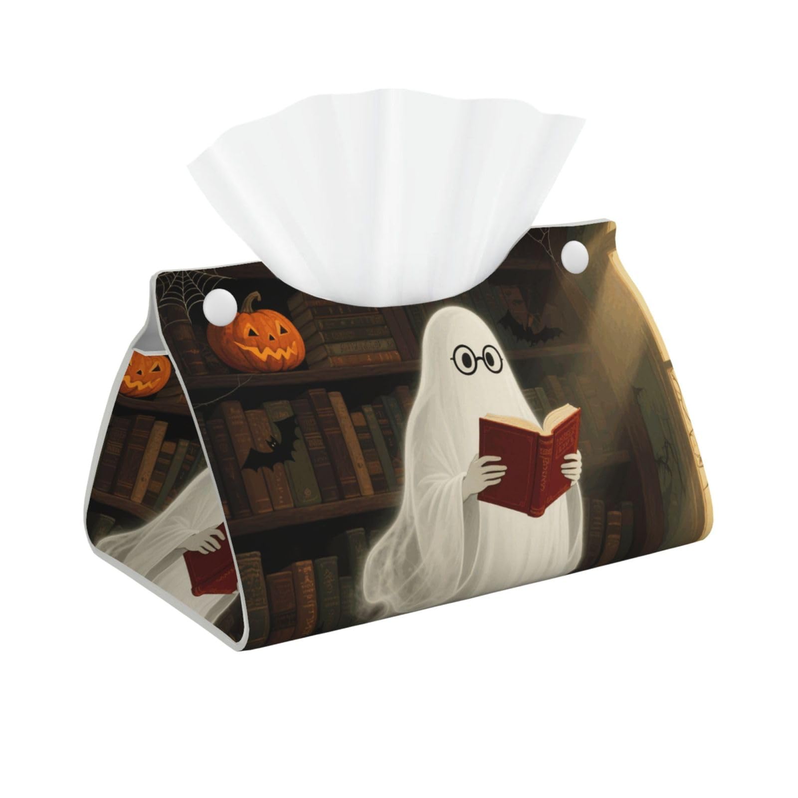 Pu Leather Tissue Box Cover, Halloween Spooky Ghost Reading Books Rectangle Tissue Case Covers Decorative Tissue Box Holder Waterproof Tissue Holder Organizer for Bathroom Home Office