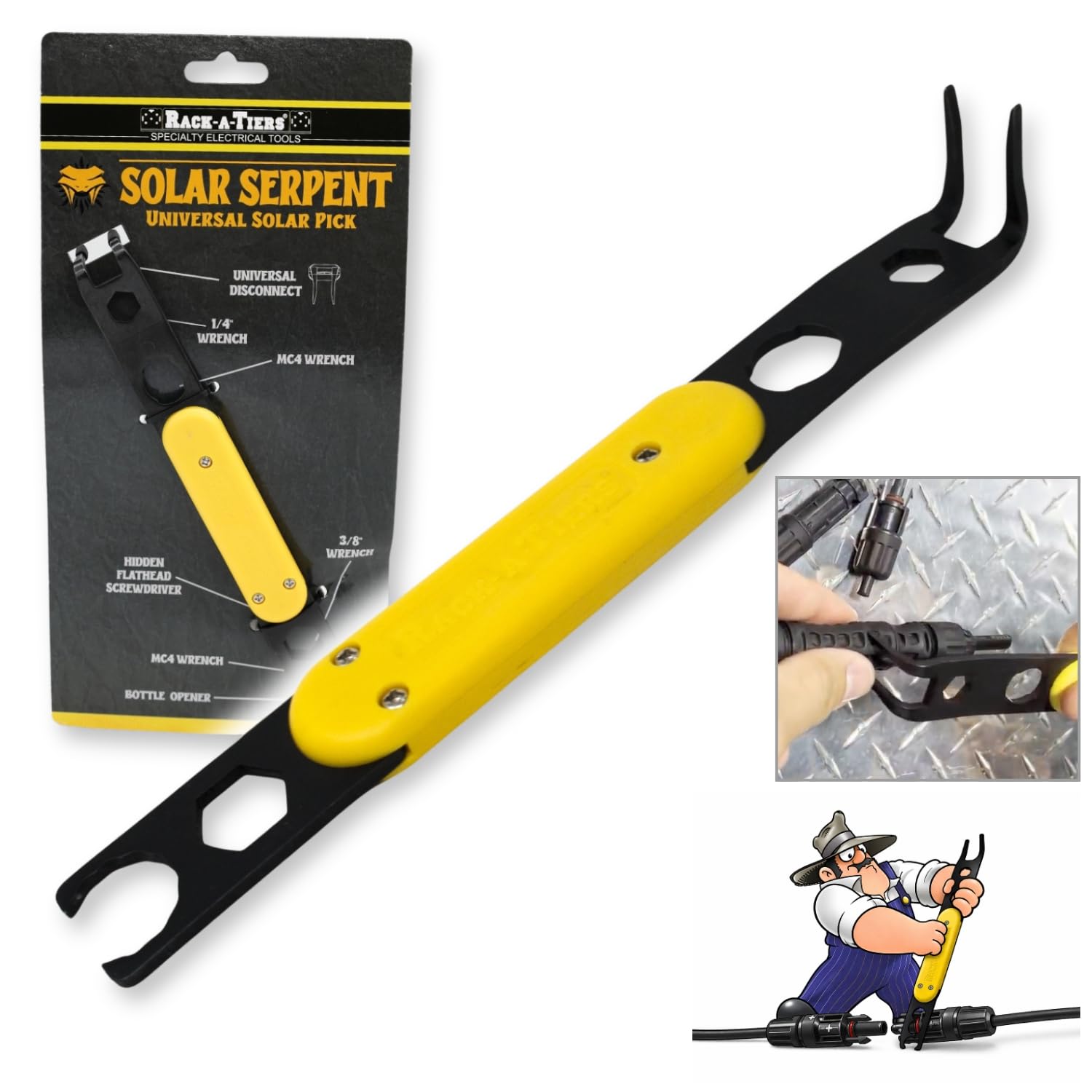 Rack-A-Tiers Solar Serpent - 5-in-1 Multipurpose Solar Connector Tool for MC4, T4, PV4, PV4-S, and Amphenol H4, Universal Solar Panel Tool, Built-in ¼” and ⅜” Wrench, Flat-Head Screwdriver (#30200)