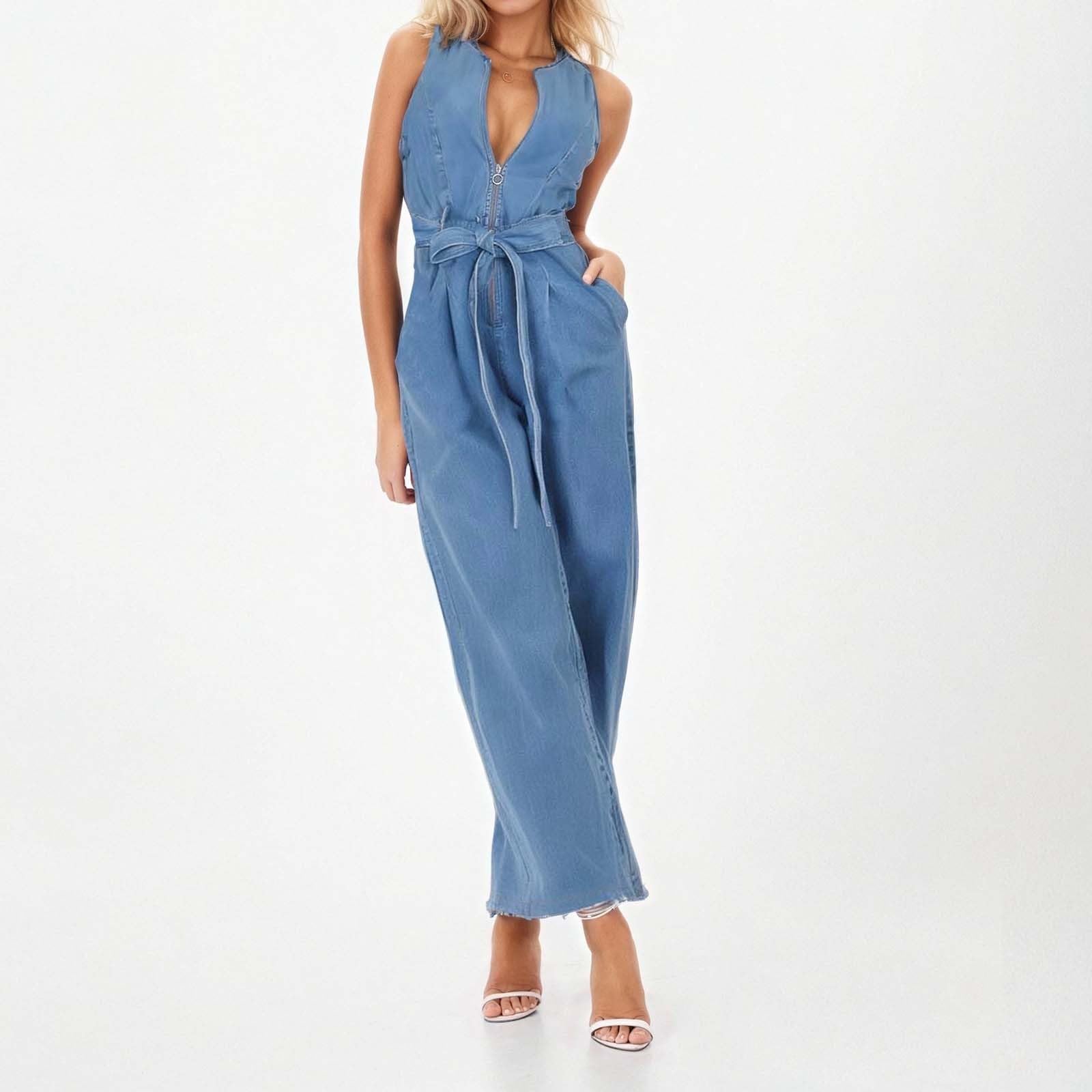 Tuta da donna con scollo a V, senza maniche, elegante, con gamba larga, casual, leggera, con cintura, tinta unita, casual, pagliaccetto, tuta intera, tuta intera, tuta estiva da spiaggia