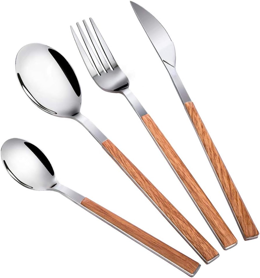 4-Piece Silverware Set, Stainless Steel Knife Fork Spoons Set (Knife, Fork, Dessert Spoon & Teaspoon) MFJUNS Flatware Set