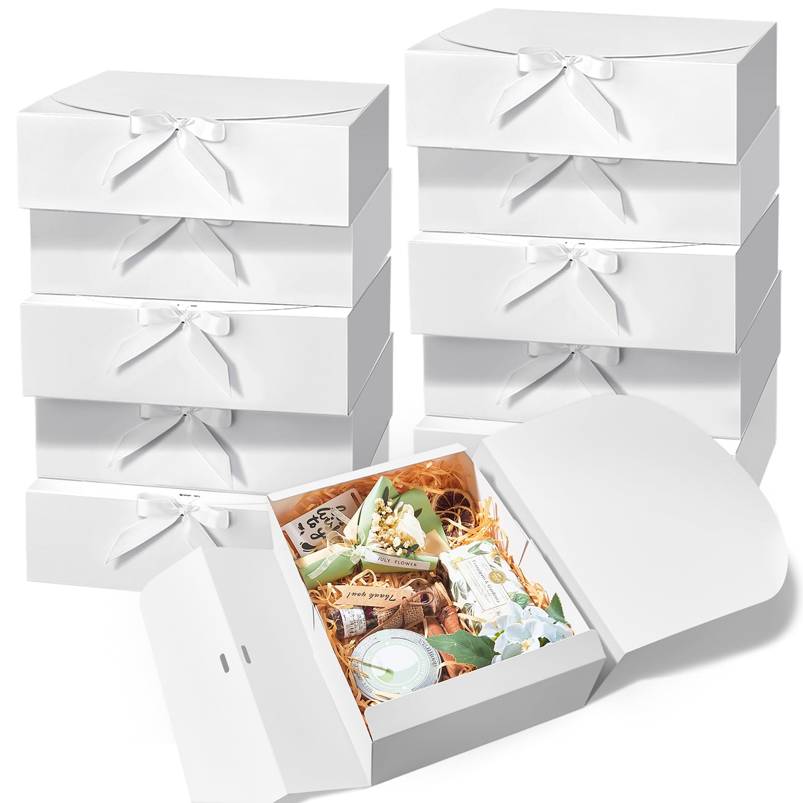 Kucoele 15 PCS Gift Boxes with Lids for Presents, 10.6 x 7.8 x 3.1 Inches White Bridesmaid Proposal Boxes with Ribbons for Wedding, Birthday, Party and Bride Shower Packaging