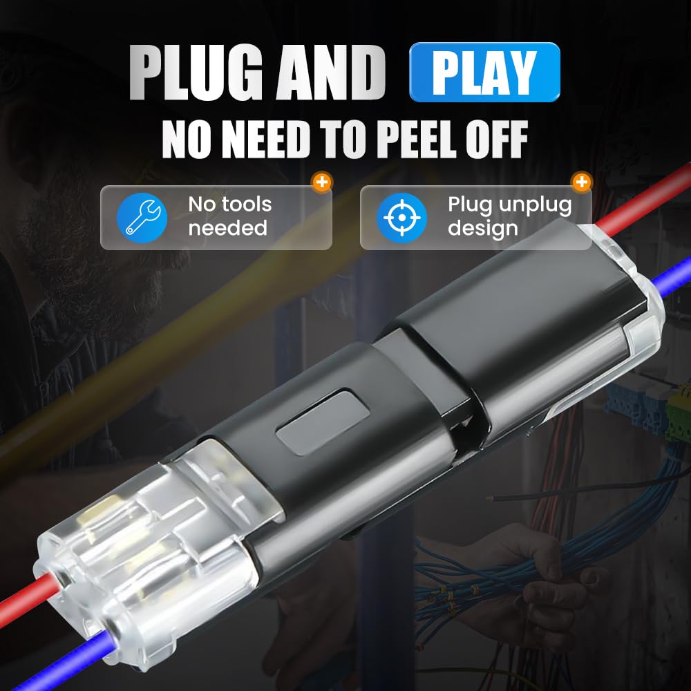 2 Way Wire Connectors,Double Wire Plug in Connector with Locking Buckle,Terminals Quick Cable Connector Fits 18-22 AWG,Low Voltage,No Peeling (100pcs)