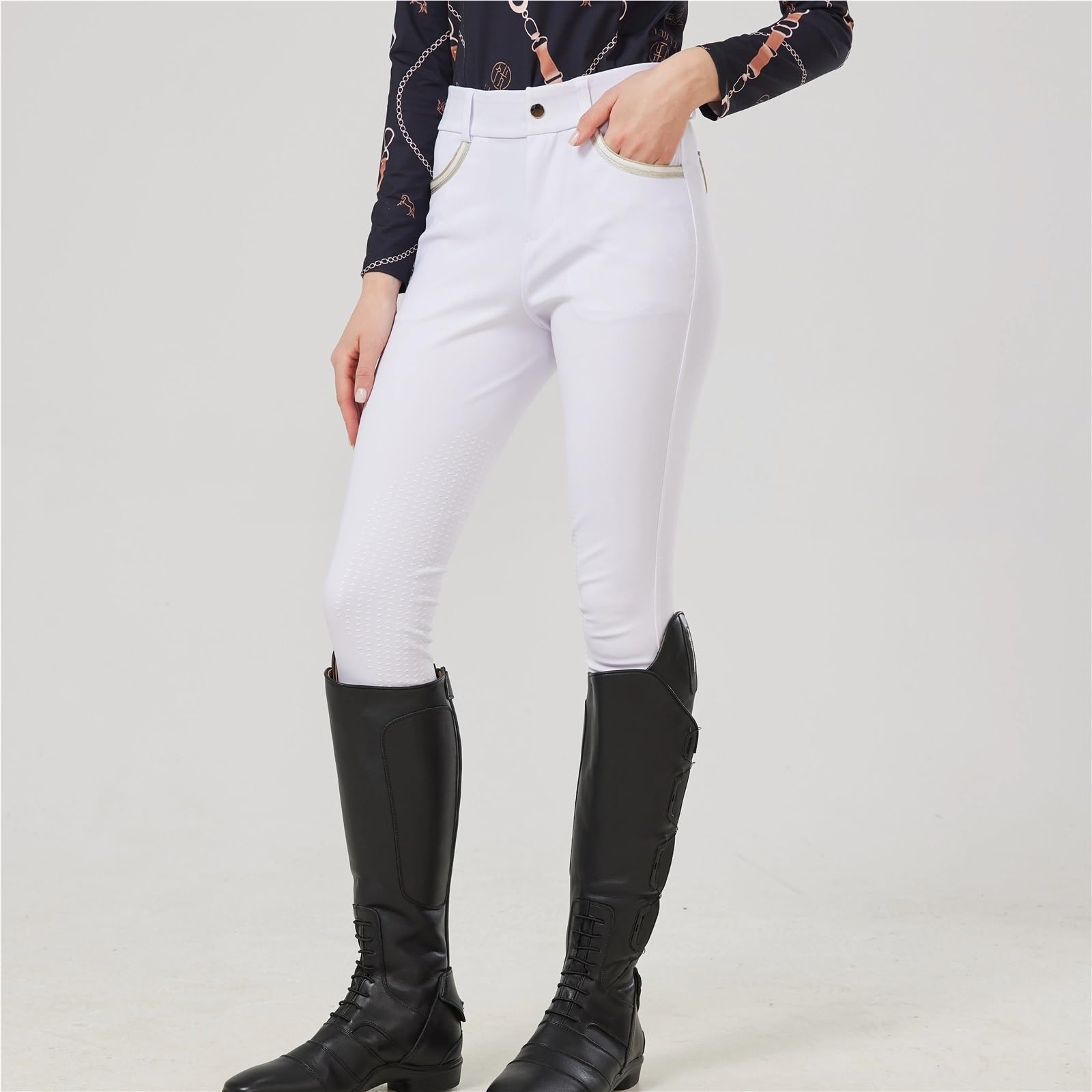Reithose aus gewebtem Stoff, halbe Silikon-Reithose for Damen, weiße Silikonhose, gewebte elastische kleine Verschleißfestigkeit Für Reitsport