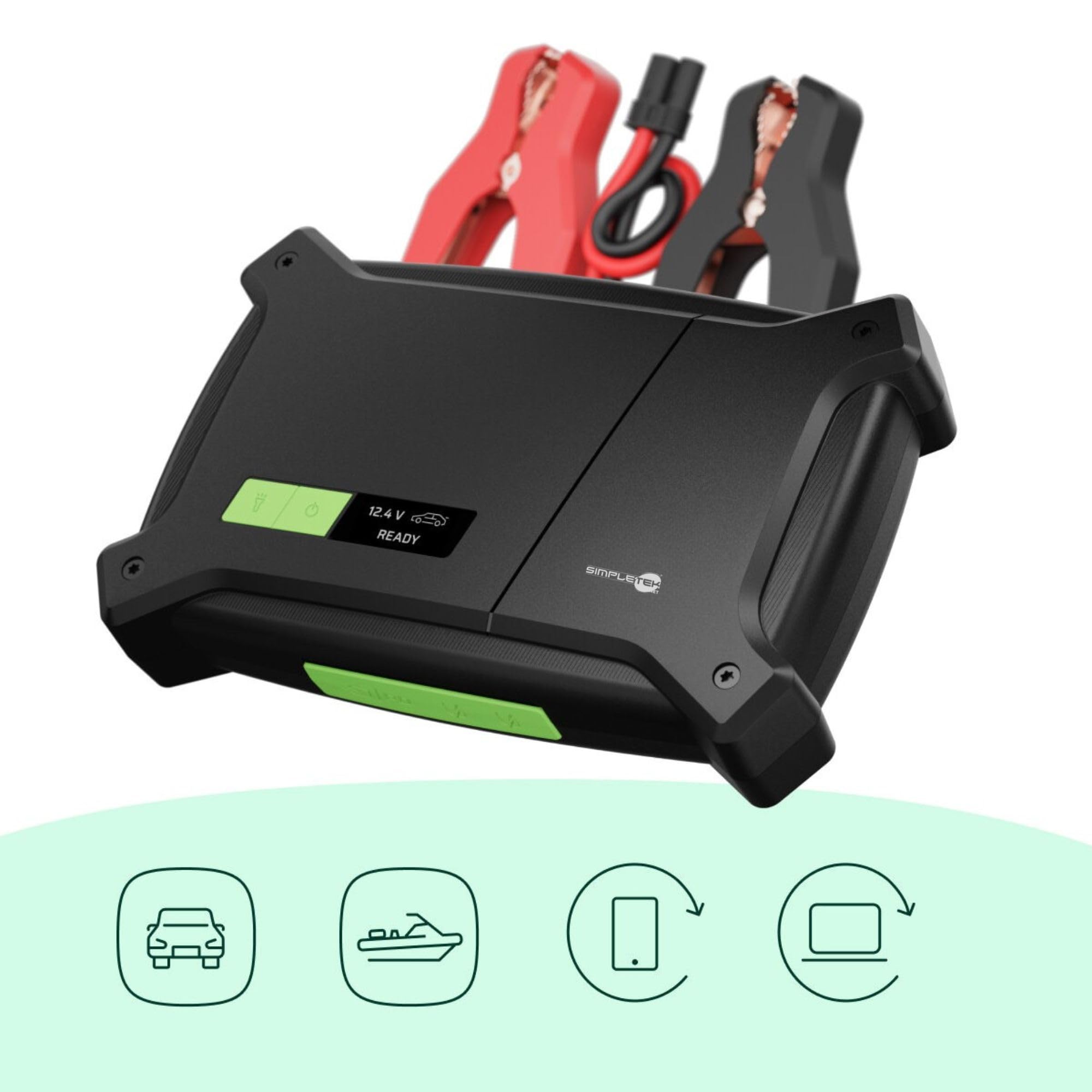 SIMPLETEK - Jump Starter 2000 A 16000 mAh – Arrancador de emergencia portátil | Motores de gasolina de hasta 8 l y motores diésel de hasta 6 l | Cables incluidos
