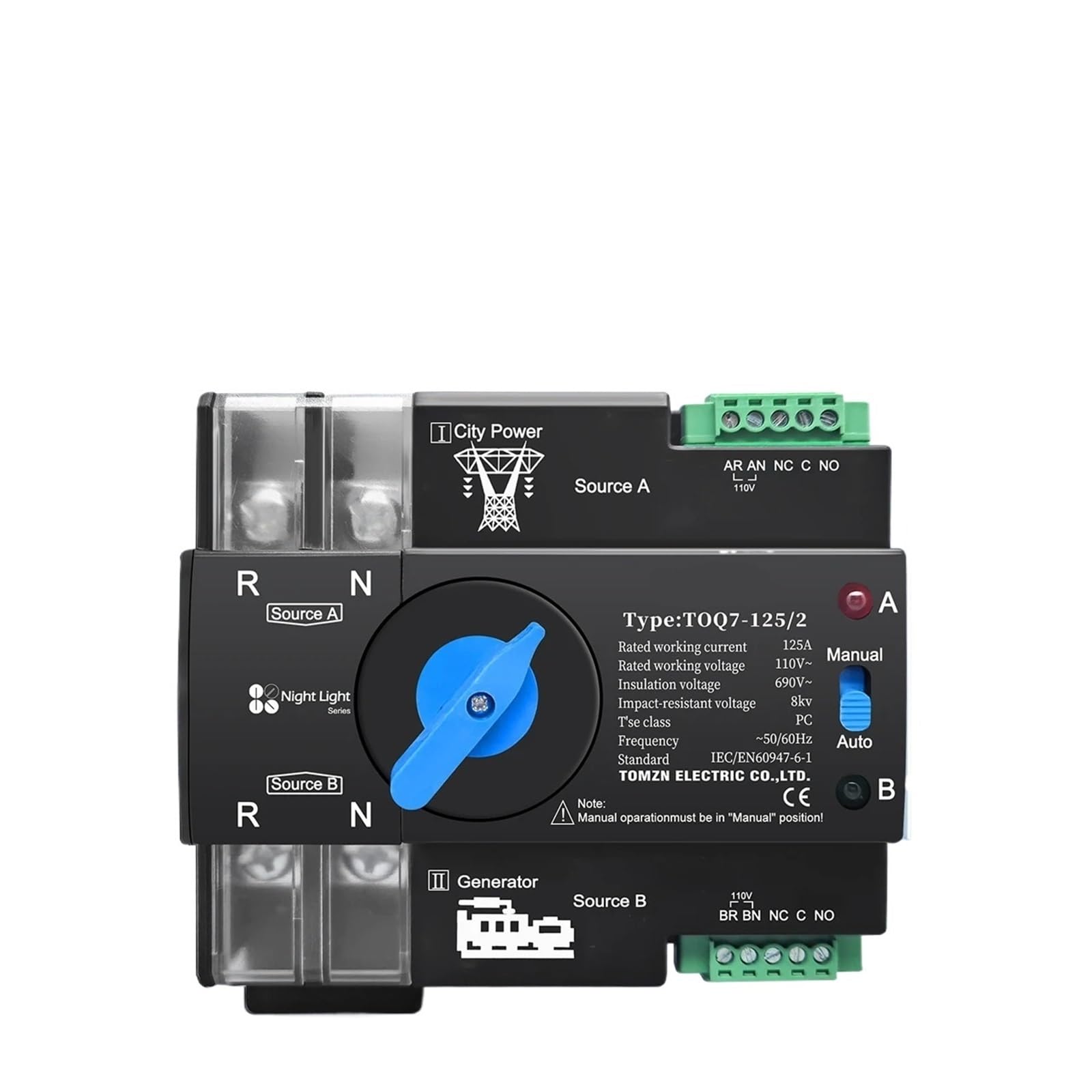 1pc Din Rail ATS L N 110V-120V 63A Dual Power Automatic Transfer Electrical Selector Switch Uninterrupted 2P