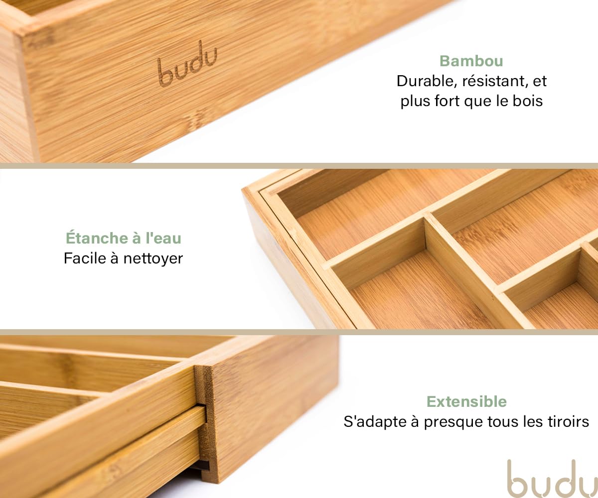budu Range-couverts #47 (profondeur 47 cm) en bambou – Système de rangement de tiroirs pour la cuisine – Range-couverts pour tiroirs en bambou – Extensible – Organiseur de cuisine…