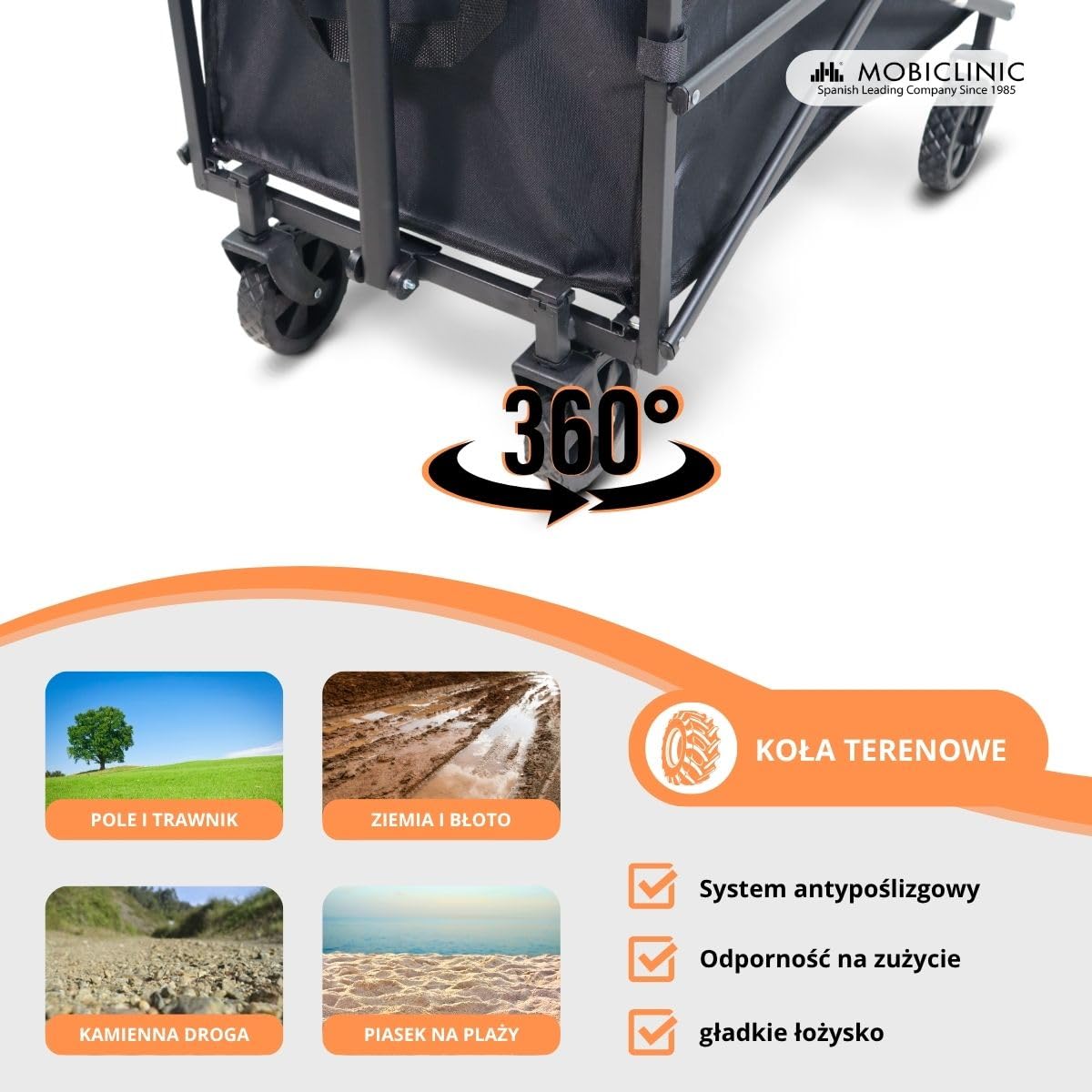 Mobiclinic®, Składany wózek transportowy, Na plażę i do ogrodu, Duna basic, Regulowana rączka, 360º terenowe koł, Nośność 80 kg, 71x47x50cm, Wodoodporny, Stal, Pcv, Czarny