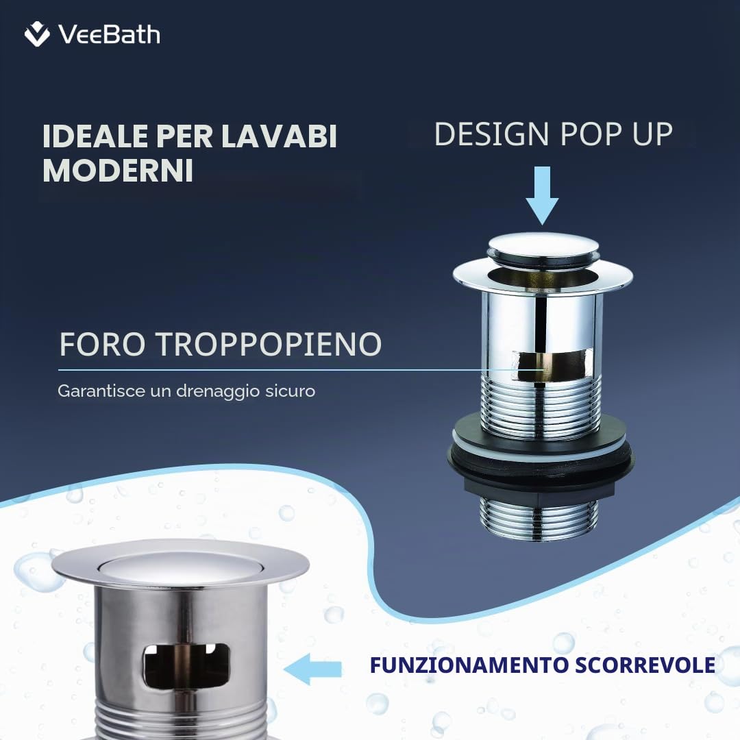 VeeBath Stream - Rubinetto miscelatore monocomando rotondo a cascata, finitura cromata, monocomando, rubinetto moderno per lavabo con scarico, rubinetto da bagno, design contemporaneo per lavabi da