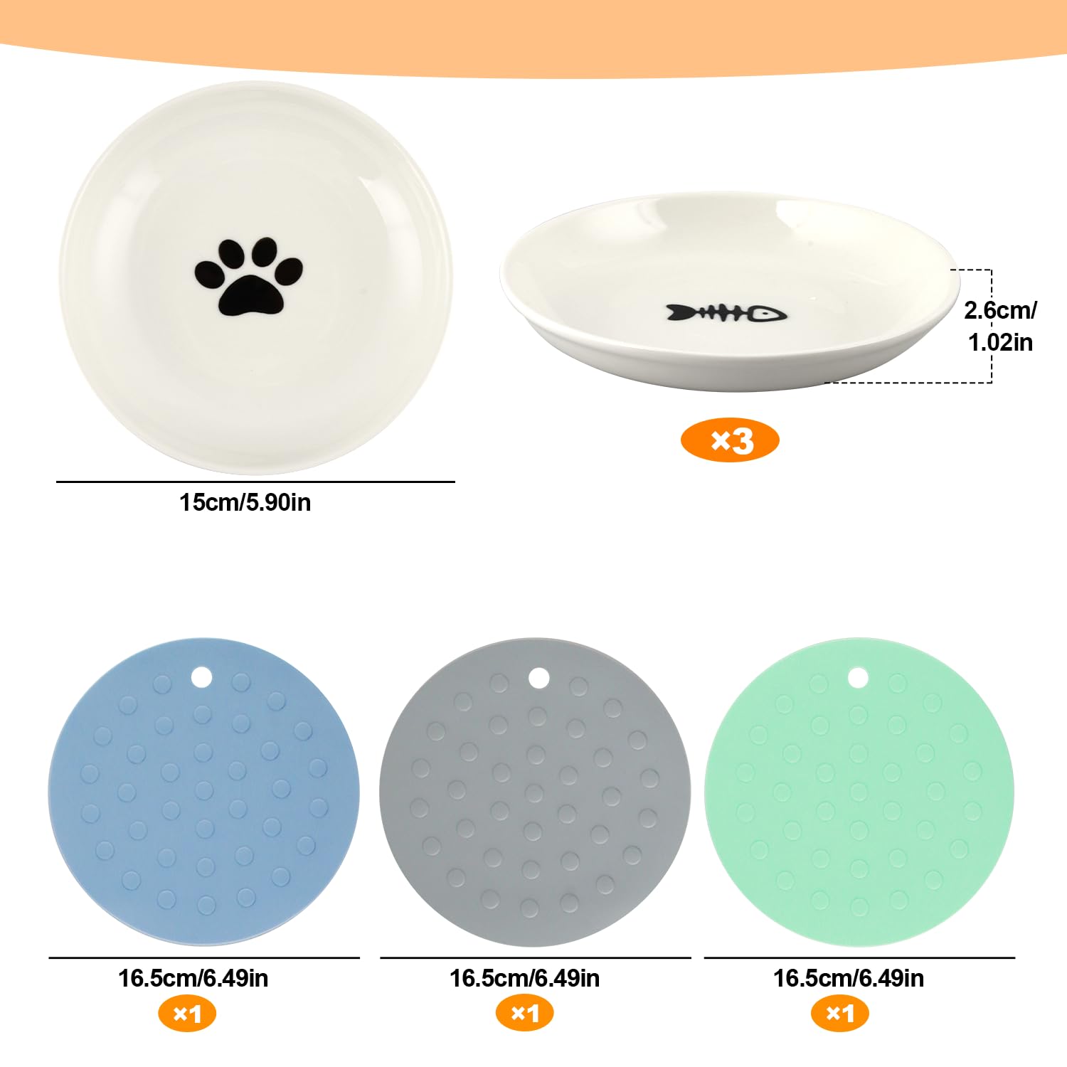 Set 3 Ciotole Per Gatti In Ceramica Con Base Antiscivolo - Piatte, Anti Affaticamento Baffi - Foto 1