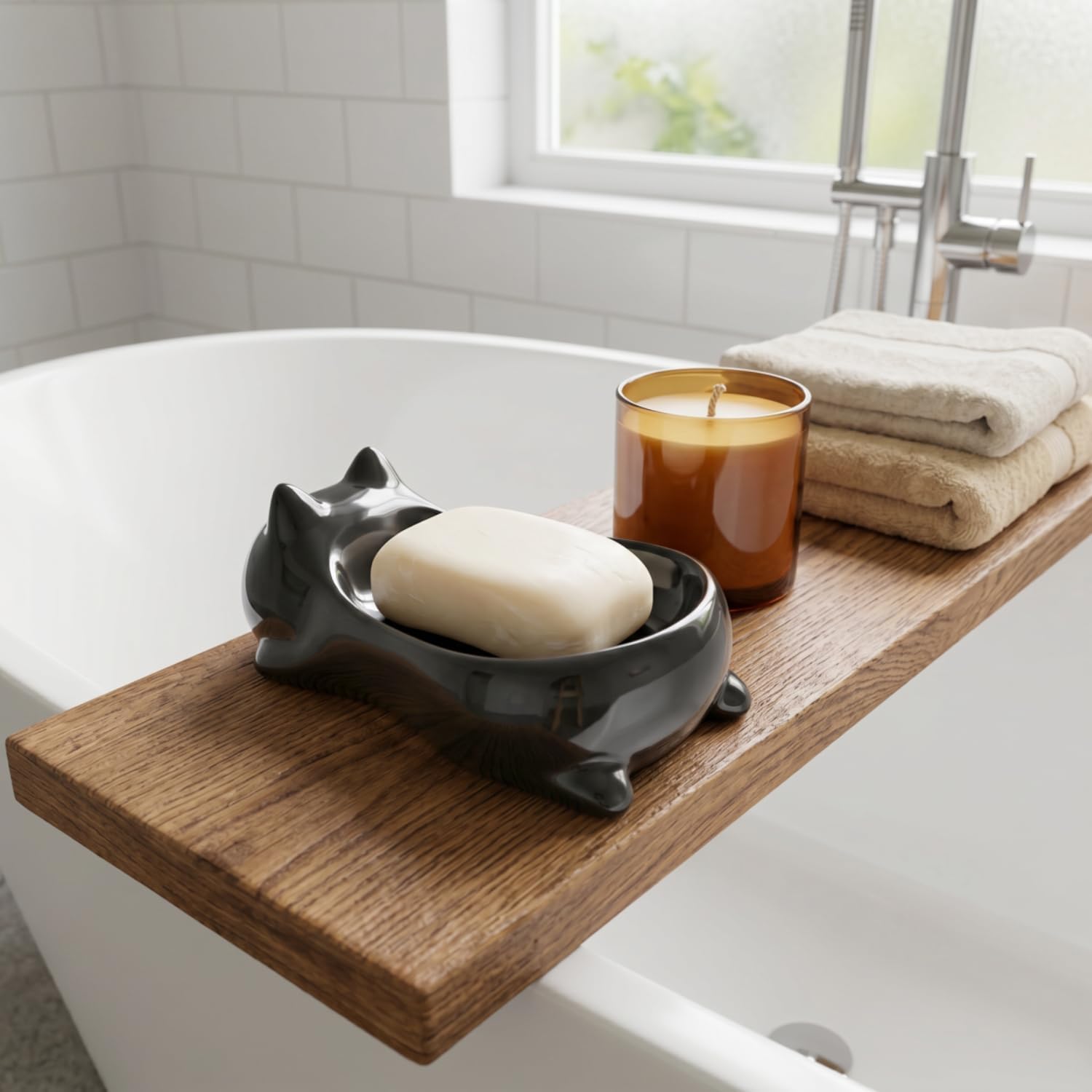 Cute Cat Decorative Soap Dish, Self-Draining Soap Holder Tray for Bathroom Shower, Kitchen Sink & Bathtub (Blue Cat)