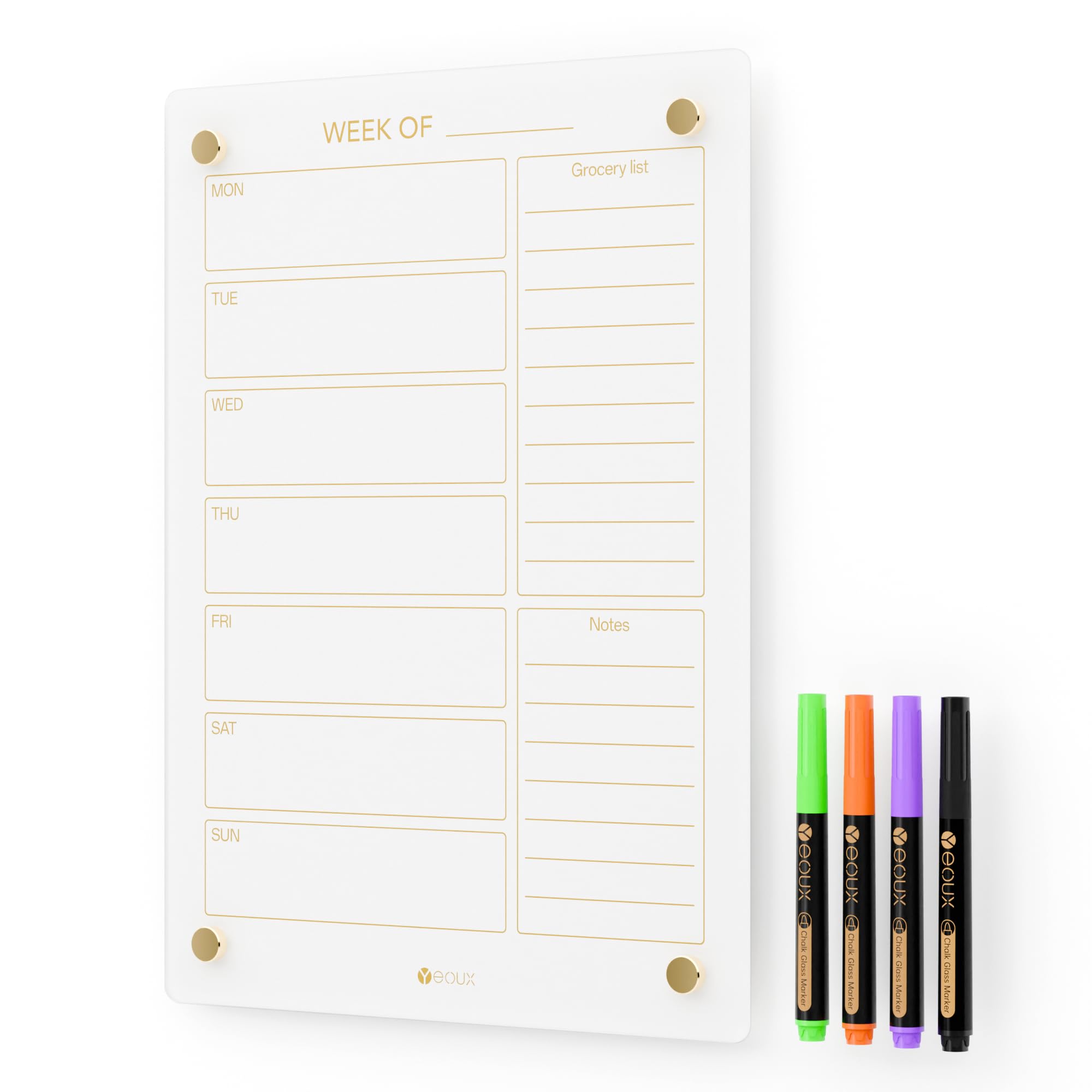 Glass Golden Weekly Dry Erase Calendar & Menu Whiteboard for Wall, Meal Planning & Grocery Shopping List White Board for Kitchen, 15x11, 7 Days