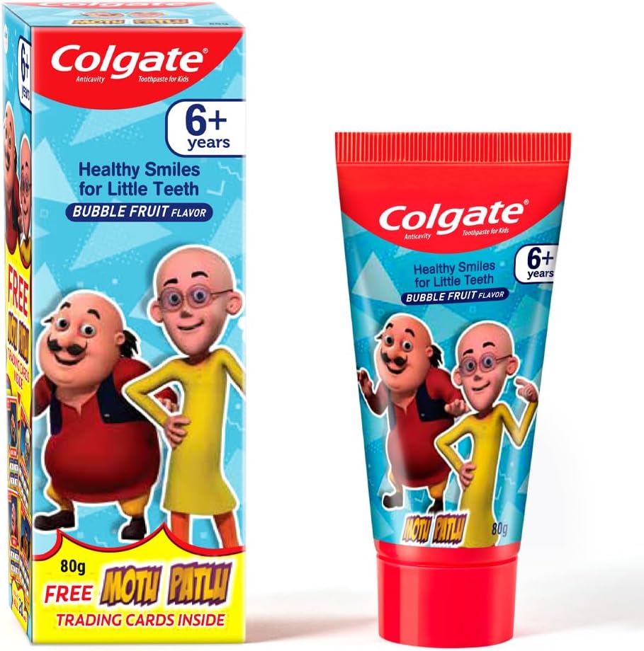 Kids Toothpaste For 6+ Years, Motu Patlu, Bubble Fruit Flavour, Gentle Protection Tooth Paste With 50% Lesser Abrasive Formula For Protecting Against Cavities, Enamel Protection, 80G