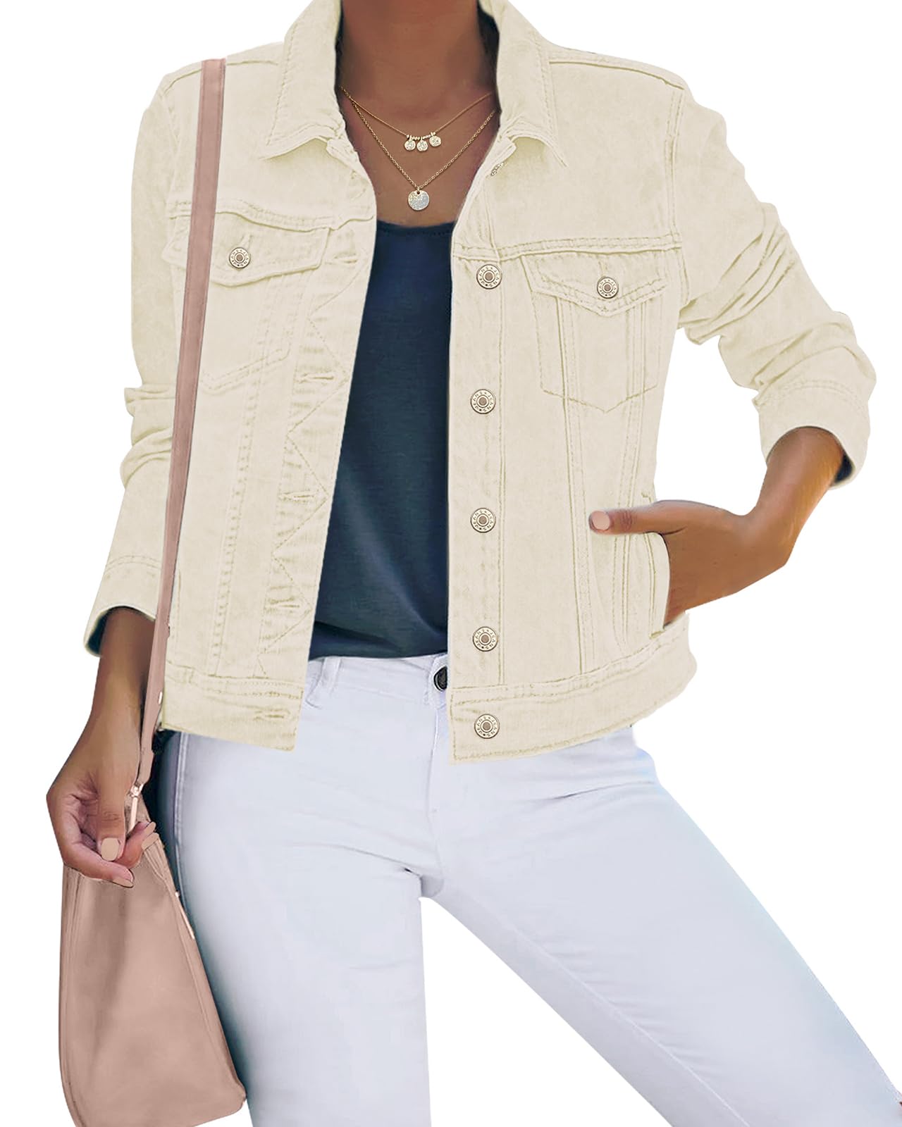 luvamia Women's Basic Button Down Stretch Fitted Long Sleeves Denim Jean Jacket