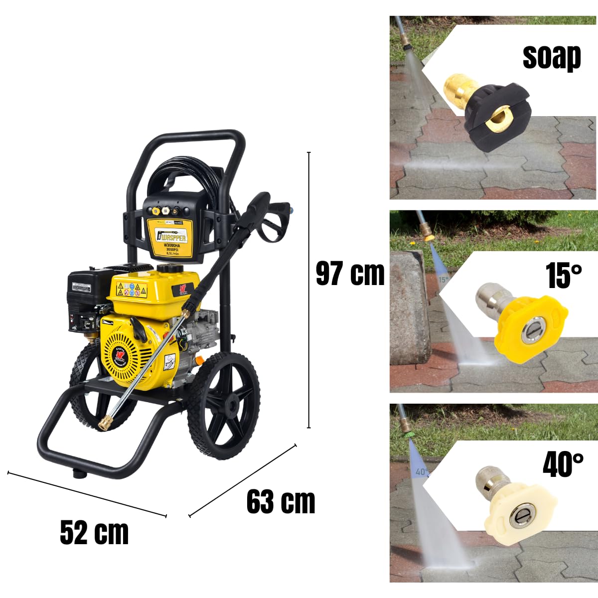 Idropulitrice a Benzina 207 Bar 3000 PSI, Motore Peggas 5.2 HP 196 cc, Portata 8,5 L/min, Pompa Assiale in Alluminio, Tubo Alta Pressione 7,5 m, per Auto Giardino Patio – WASPPER W3000HA
