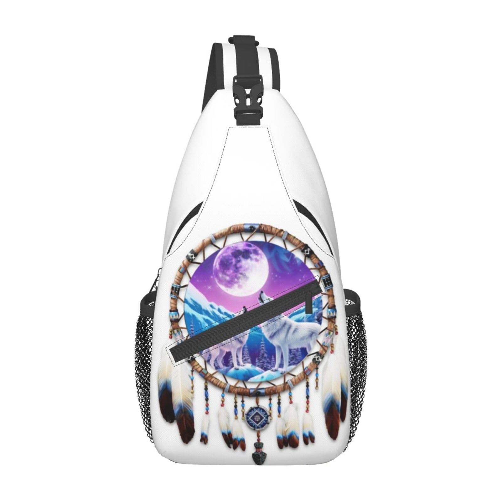 GTEVUTS Native American Wolf Dream Catchers Crossbody Bags Sling Bag for for Women Men- Cute Fashion Chest Bag- Small Shoulder Bags Travel Hiking