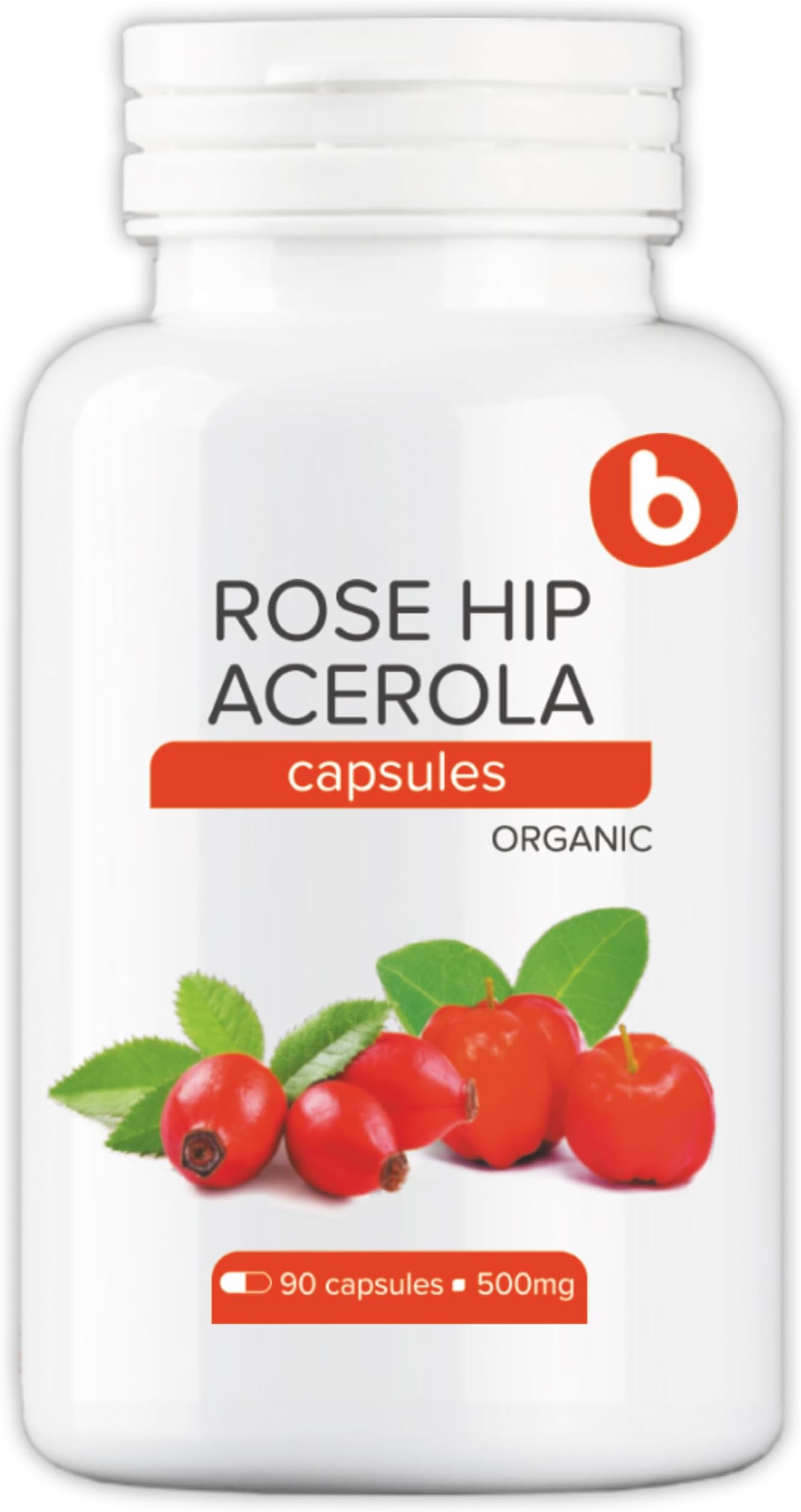 b Natural RoseHips & Acerola Capsules - Plant Based Vitamin C 1000mg from Acerola Cherry Powder & Rosehip Powder - Without Ascorbic Acid - Supports Immune Health - GMO Free - 90 Vegan Capsules