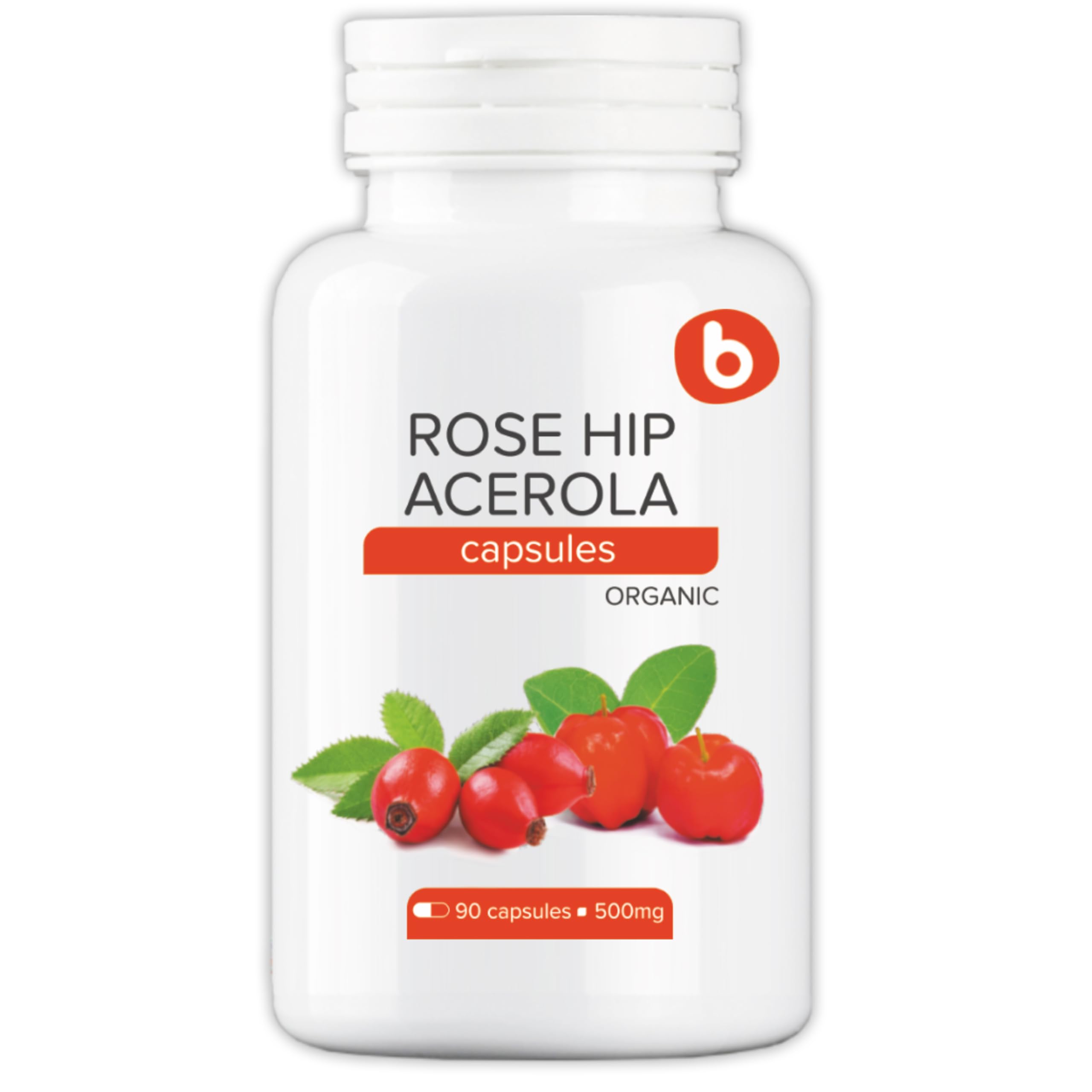 Organic RoseHips & Acerola Capsules - Plant Based Vitamin C 1000mg from Acerola Cherry Powder Organic & Rosehip Powder - Without Ascorbic Acid - Supports Immune Health - GMO free - 90 Vegan Capsules