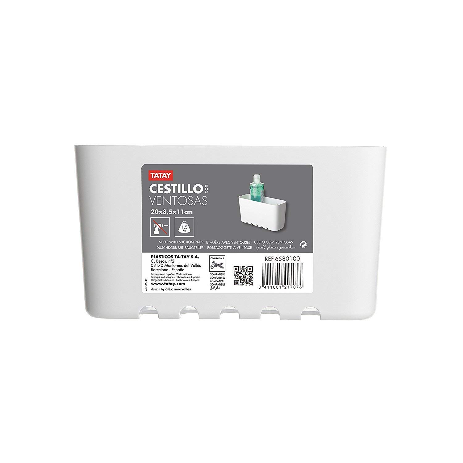 Tatay Estanteria Ducha Sin Taladro Rectangular | Incluye Ventosas | Soporta 1,5 kg | Polipropileno Resiste Humedad | Medida Pequeña | 20 x 8,5 x 11 cm - Modelo Standard - Blanco