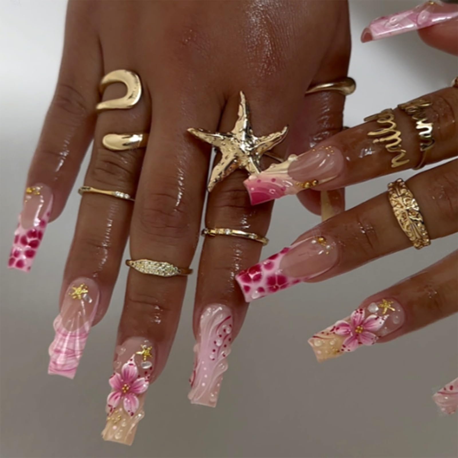 fexxkg Long French Tip Press-Ons Translucent False Tip Set with 3D Flower Star, ABS Wearable Manicure Pieces for Party Wedding