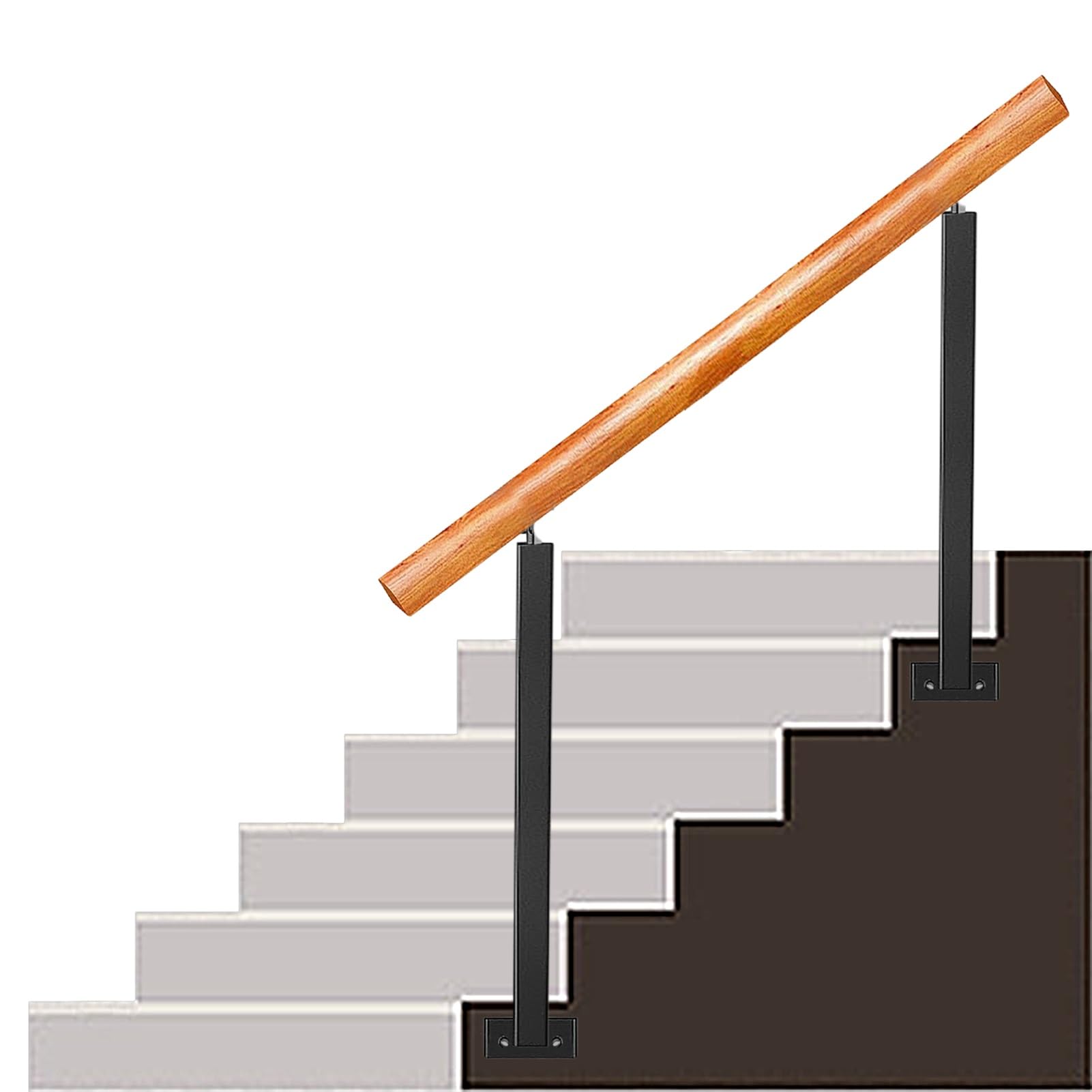 GLDYTVF Wooden Stair Handrails, Fits 3 or 4 Steps, Metal Balusters Posts with Adjustable 270° Angle Bracket, Side Mount Transitional Handrail - Complete Kit(Height 95cm,130cm/51inch)
