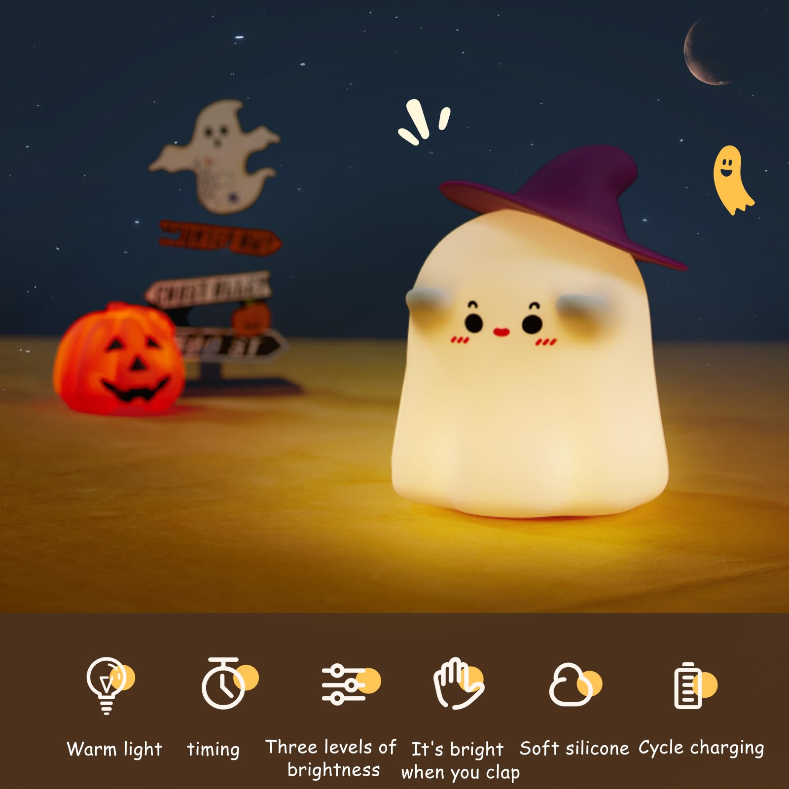Cute Night Light for Kids Ghost Lamp Silicone Nightlight Rechargeable Night Lamp 3 Level Dimmable Nursery Night Light Funny Room Decor Christmas Decorations Gifts for Children Toddler Baby Women - Image 2