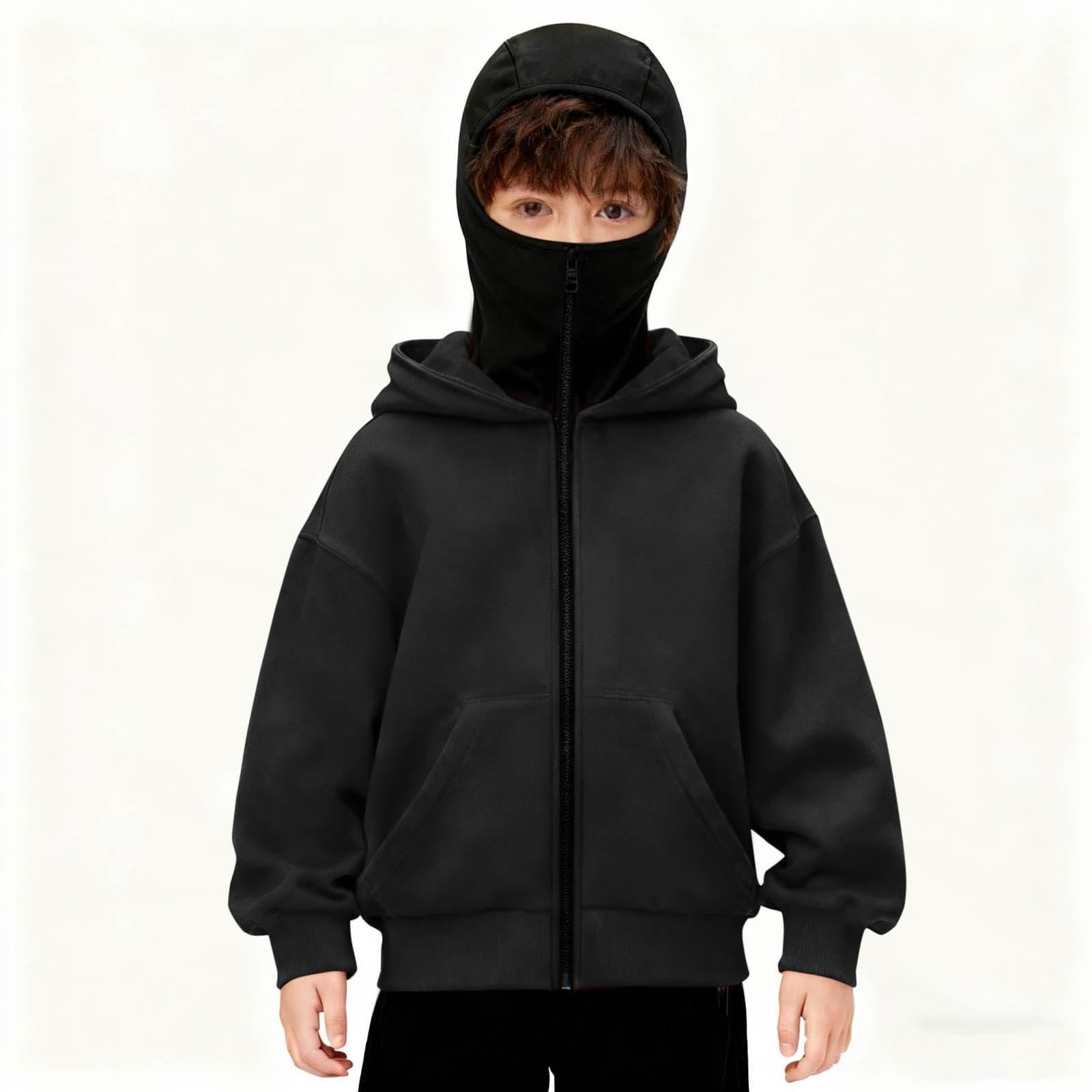 Generisch Balaclava Ninja Zip Hoodie Kinder Kapuzenpullover Jungen Mädchen Einfarbig Basic Warm Sturmhaube Teenager mit Reißverschluss und Tasche Oversize Sweatjacke Y2K Tops