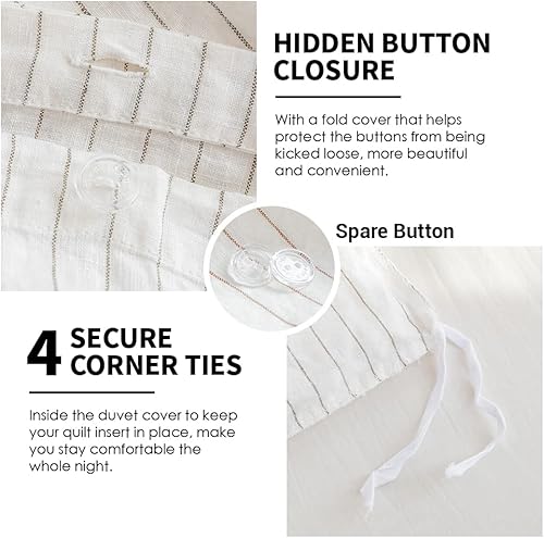 Miniatura 3 de Simple&Opulence Juego de funda de edredón 100% lino, 3 piezas, patrón de rayas verticales teñidas con hilo natural, lino lavado francés,