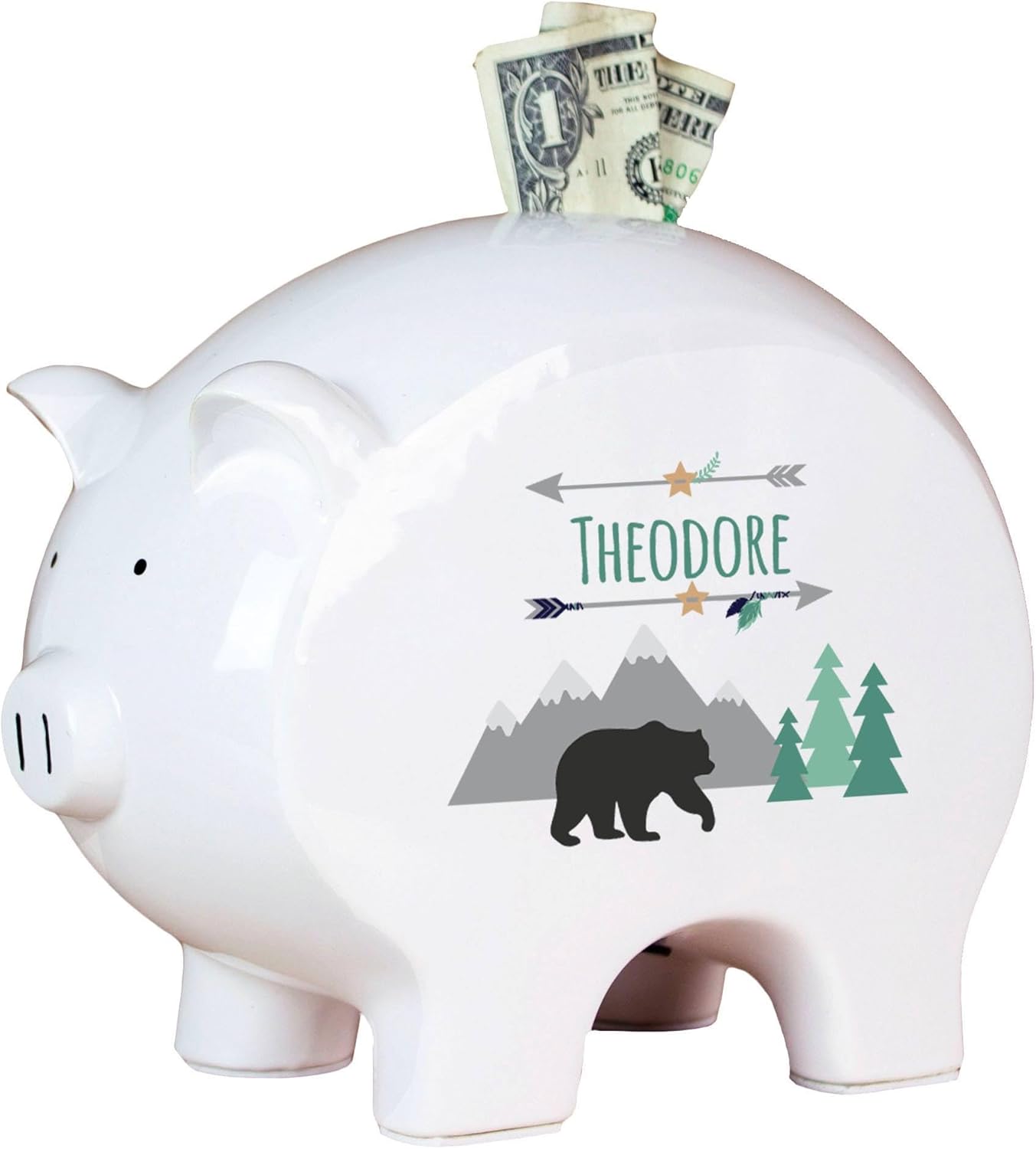 My Bambino Personalized Ceramic Piggy Bank | Boys Piggy Bank (Mountain Bear) | Custom Name Kids Coin Bank | Keepsake Baby Shower & Birthday Gift