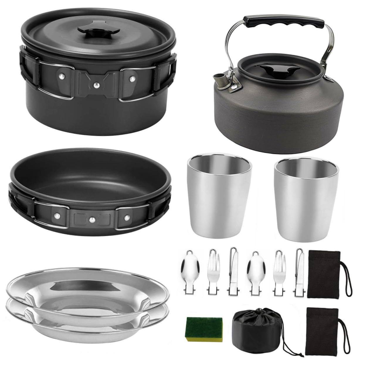 BESPORTBLE Set de Cuisine de Camping Léger avec Casseroles Antiadhésives Poignée Pliante Silicone Résistant Corrosion pour Personnes Randonnée et Pique-