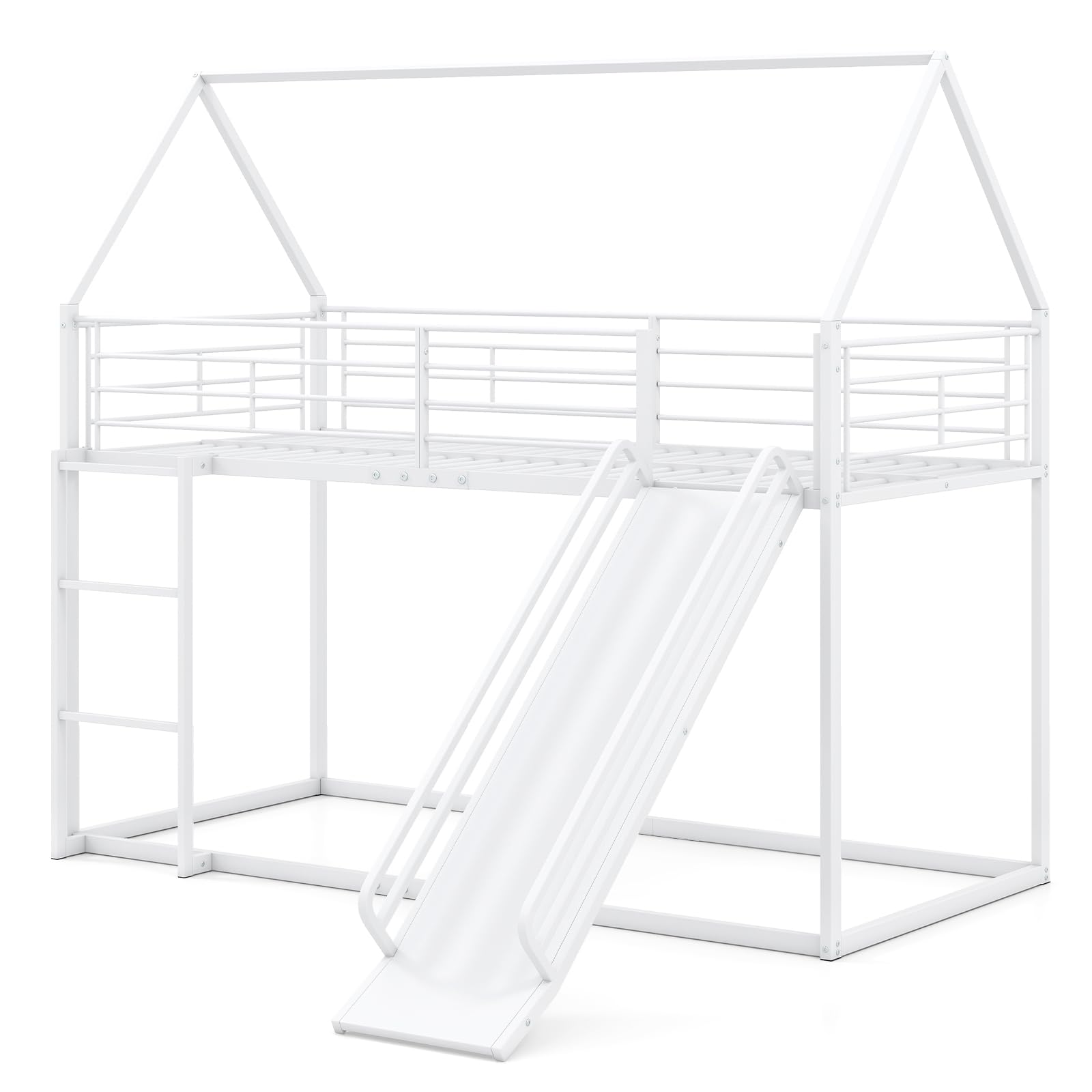 COSTWAY Cama Litera en Forma de Casa con Tobogán, Cama Doble Infantil con Barandilla de Seguridad y Escalera, Cama Alta Robusta con Soporte de Lamas Metálicas, No Requiere Somier, 200 x 90 cm (Blanco)