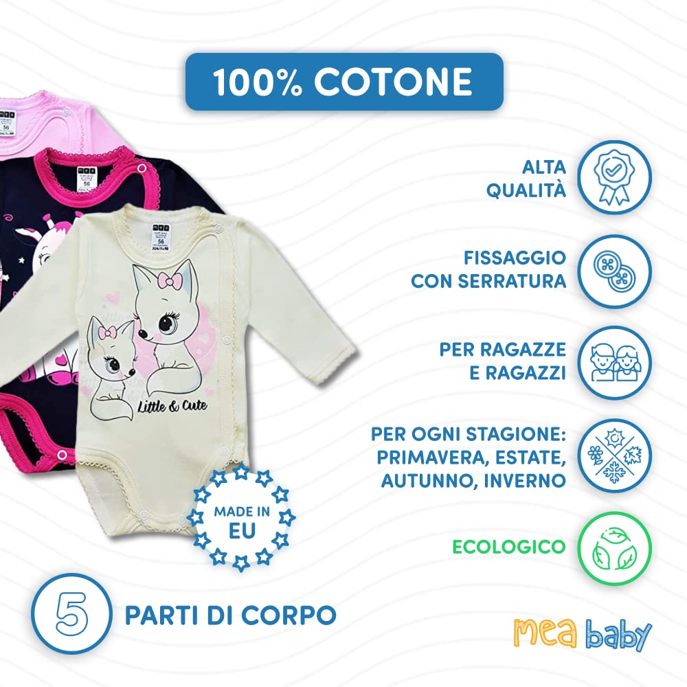 MEA BABY Body per neonati a manica lunga con stampa | 100% cotone | Body per bambine e bambini | Vari colori e stampe divertenti | Multipack da 5 pezzi