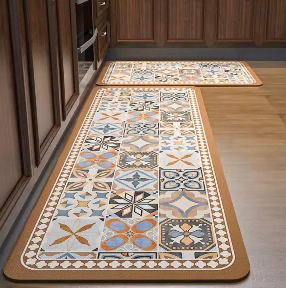HomeCloud Rubber Kitchen Mats for Floor Set of 2 Pcs|Non-Skid, Soft Absorbent Rugs for Kitchen, Laundry, and Hallway|120x40cm, 40x60cm| 4mm Thickness (Moroccan_Beige_Cream)-picture-14