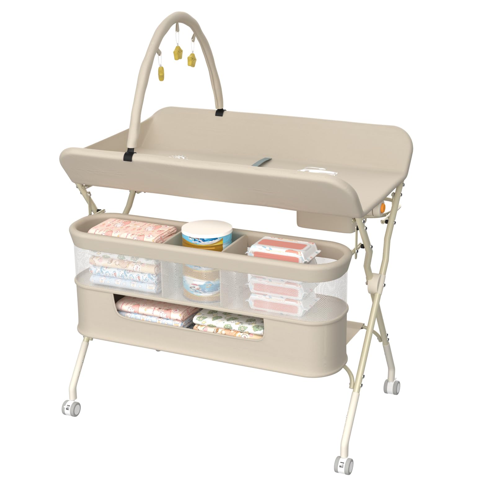 Cambiador de bebé plegable y ajustable en altura, Hasta 25 Kg, 0-36 Meses, Organizador de Pañales, Ruedas 360º con Freno, Arnés y Valla de Seguridad, Funda Lavable, 75 * 68 * 83-91 cm (B) Blanco roto