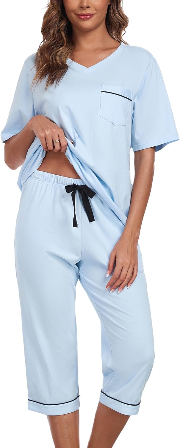 Women's Pajama Sets 100% Cotton Short Sleeve Pullover Top & Capri Pants Soft Summer Sleepwear Lounge Set